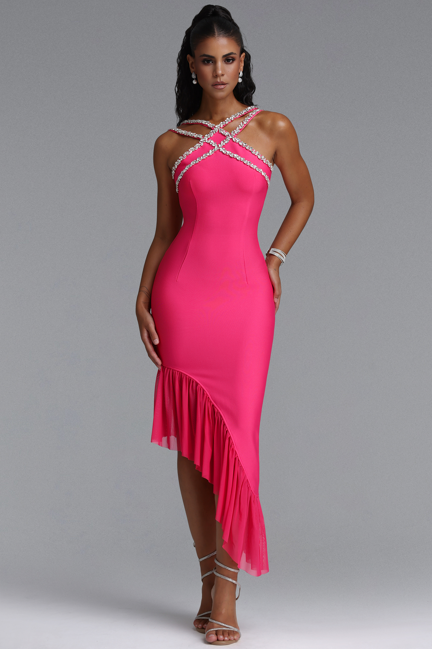 Nialla Sleeveless Diamond Flounce Bandage Rose Pink Maxi Dress