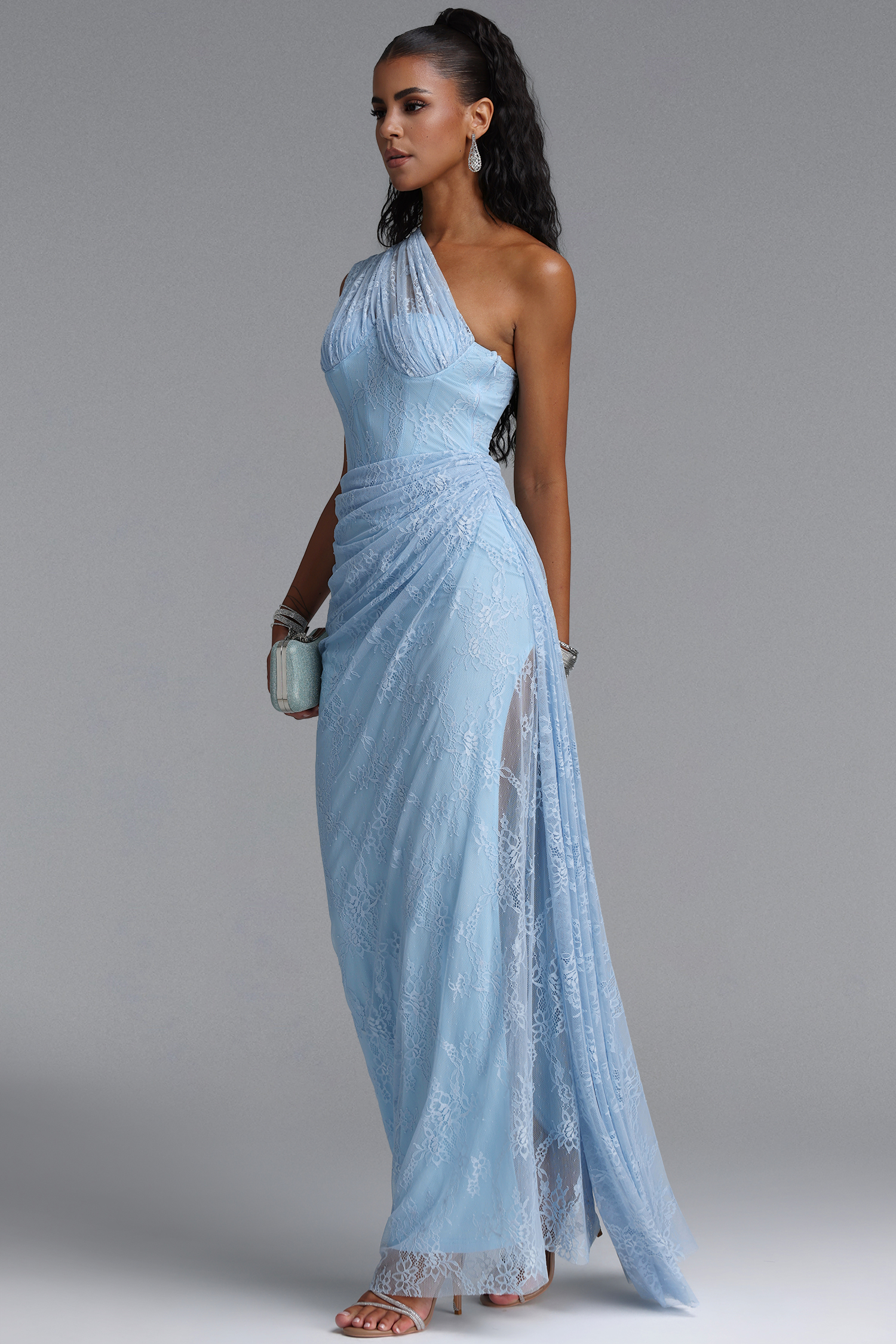 Finch Romantic Contour Sleeveless Ruched Lace Knit Blue Maxi Dress