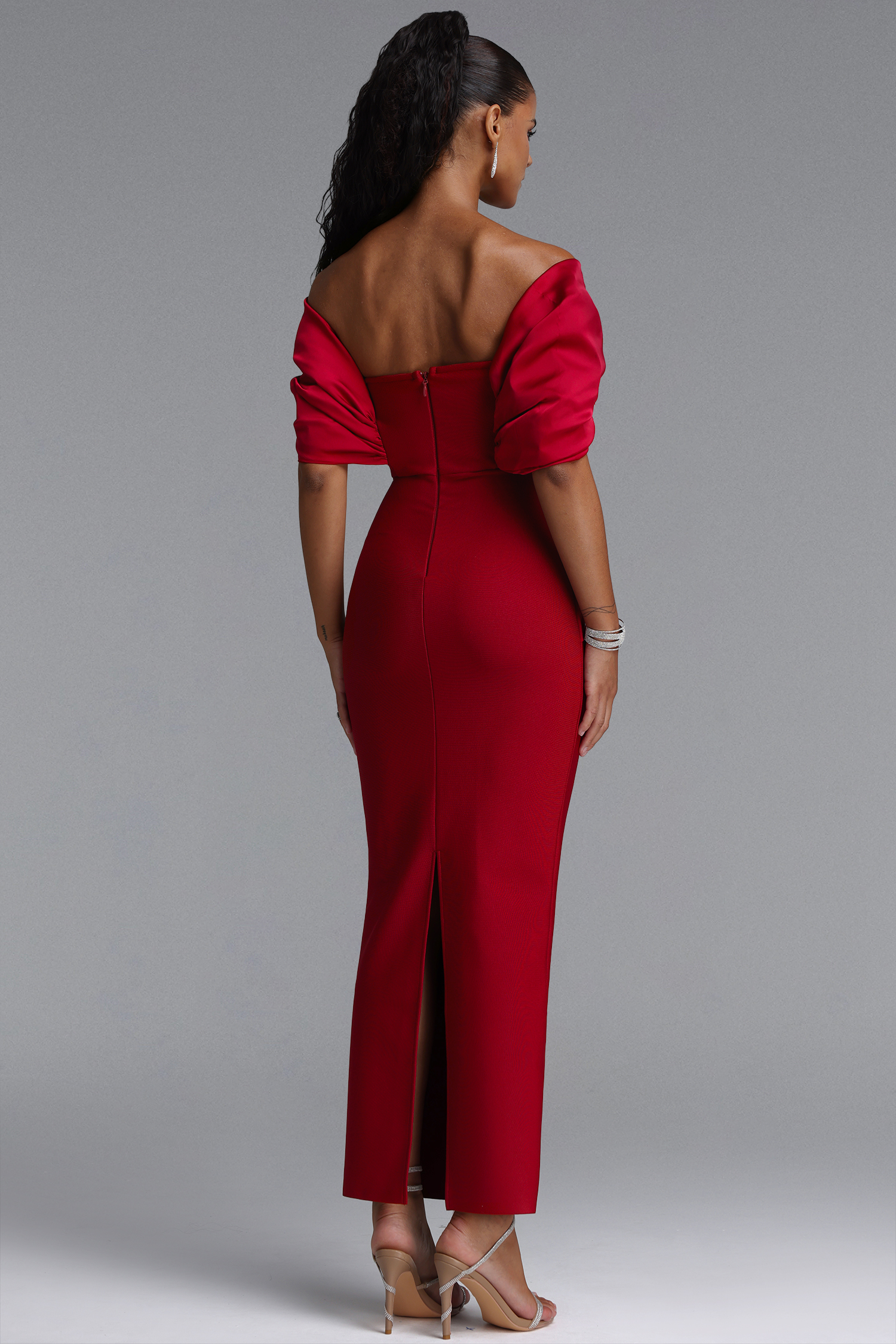 Edda Elegant Contour One Shoulder Ruched Rhinestone Bandage Red Maxi Dress