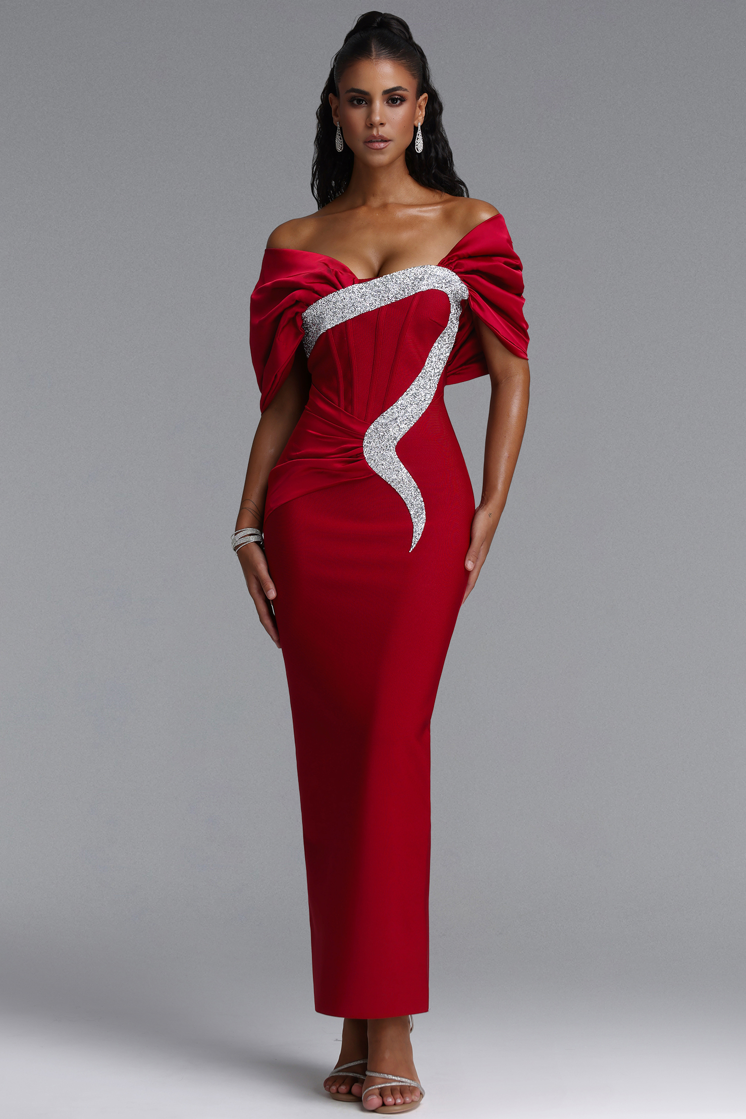 Edda Elegant Contour One Shoulder Ruched Rhinestone Bandage Red Maxi Dress