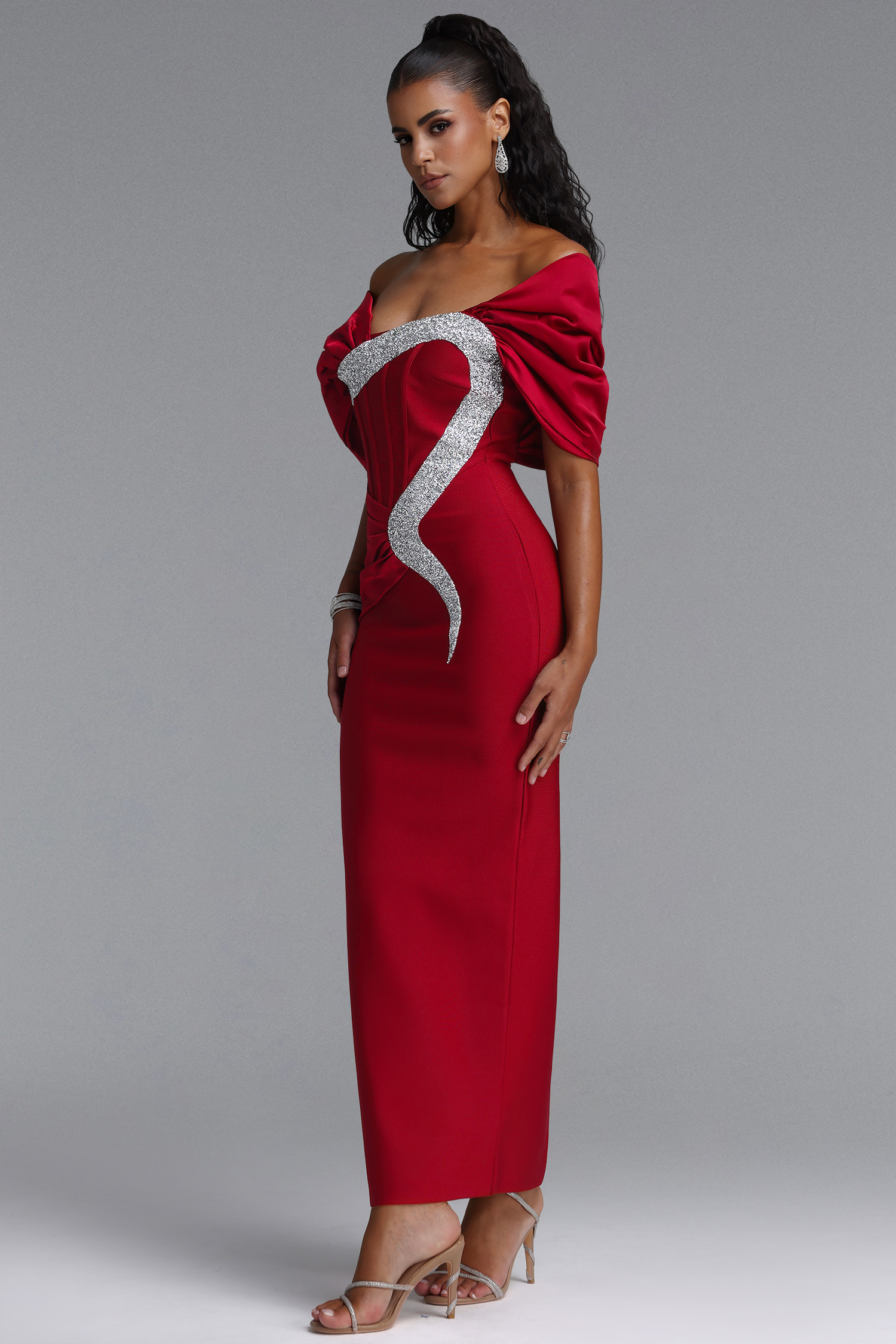 Edda Elegant Contour One Shoulder Ruched Rhinestone Bandage Red Maxi Dress