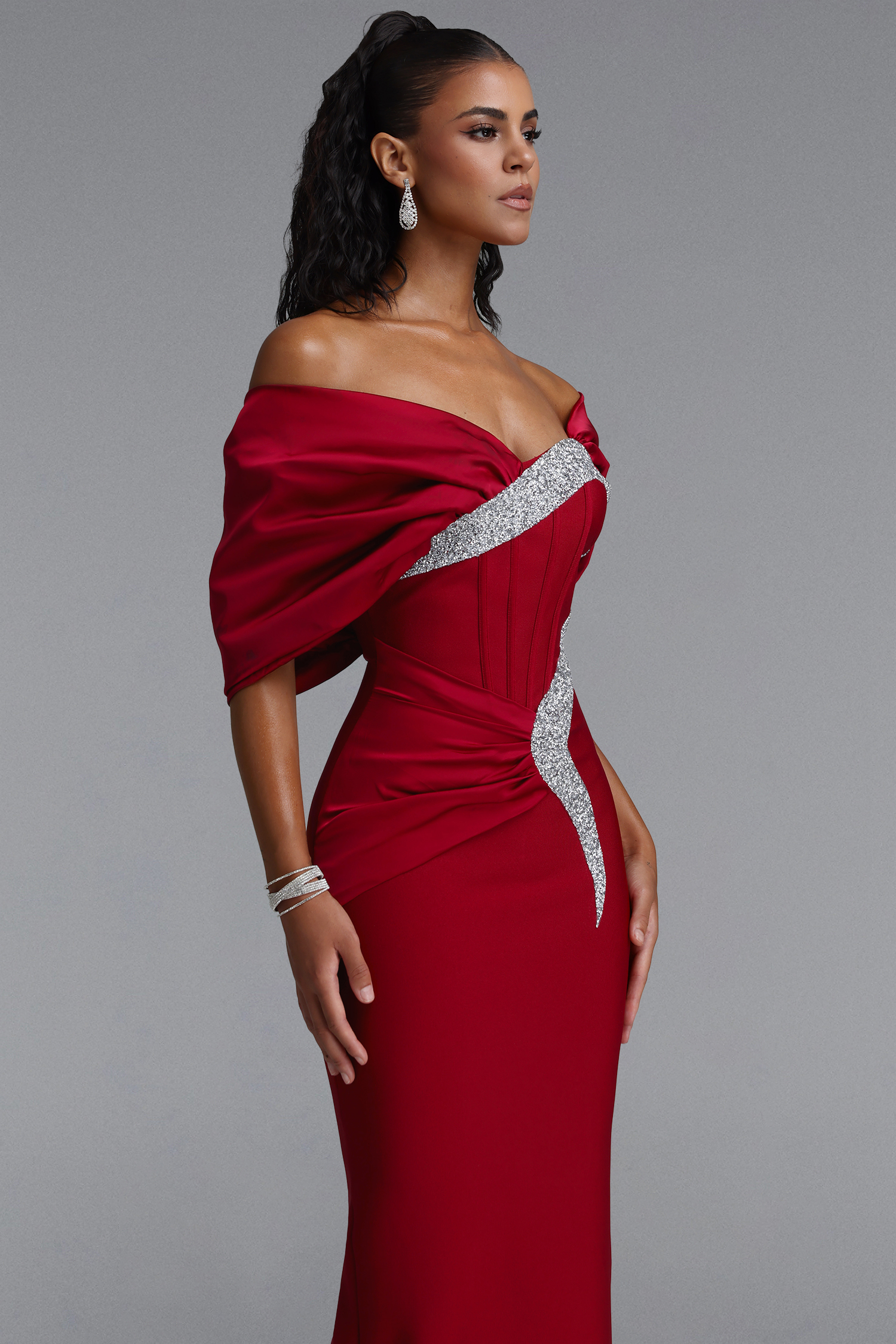 Edda Elegant Contour One Shoulder Ruched Rhinestone Bandage Red Maxi Dress