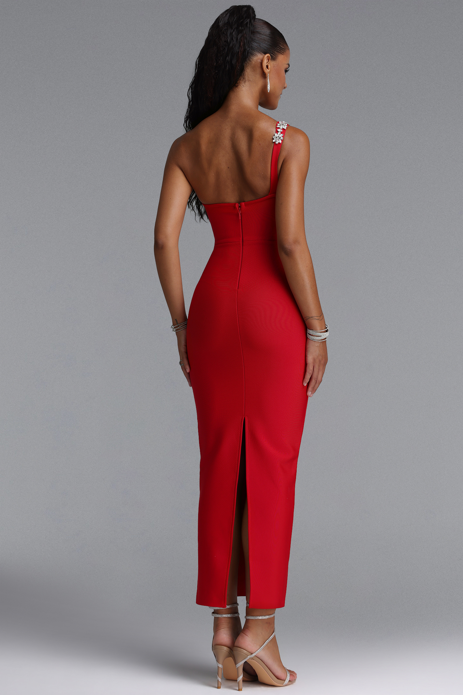 Fakula Sexy One Shoulder Cut Out Rhinestone Bandage Maxi Dress