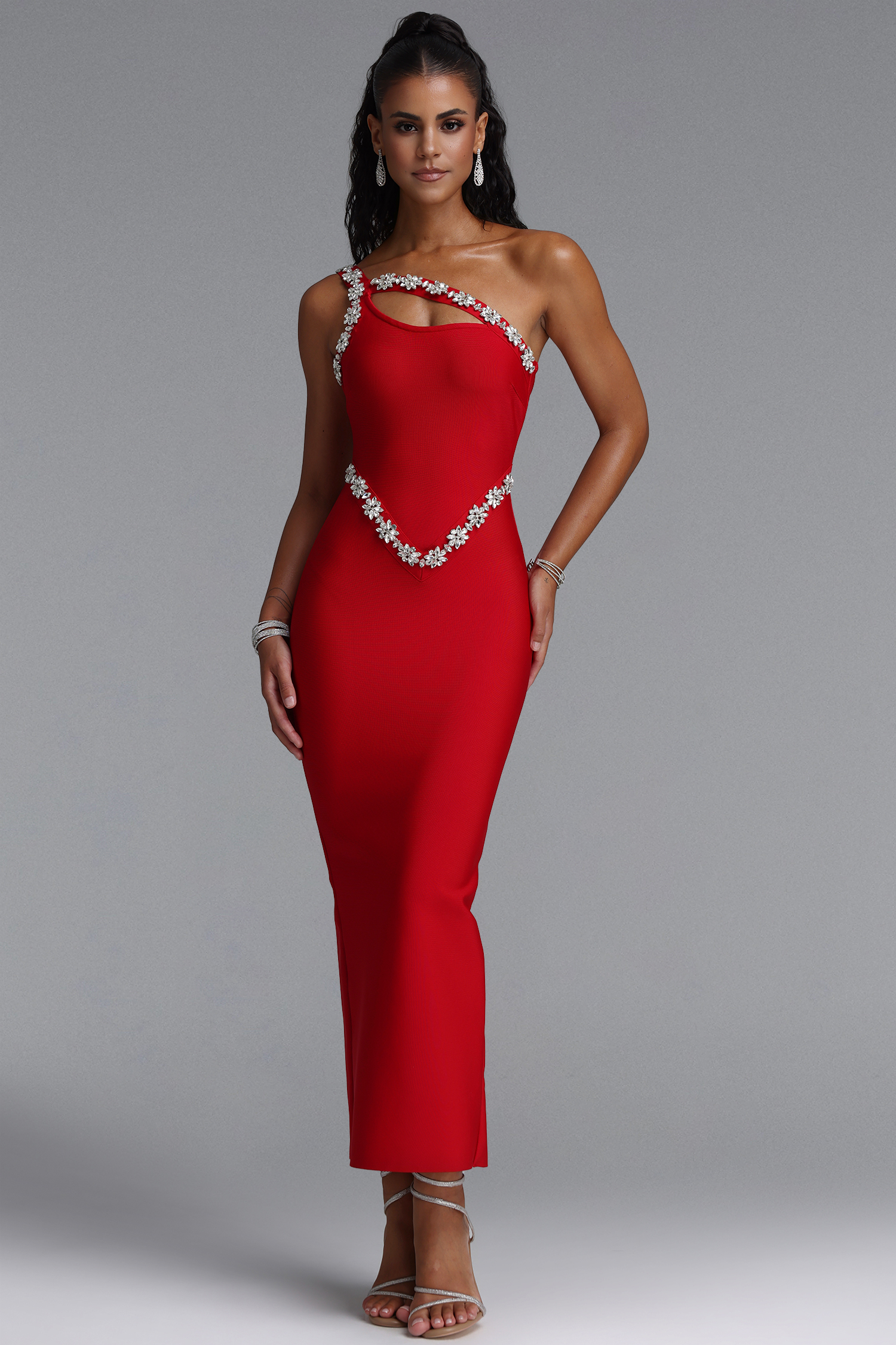 Fakula Sexy One Shoulder Cut Out Rhinestone Bandage Maxi Dress