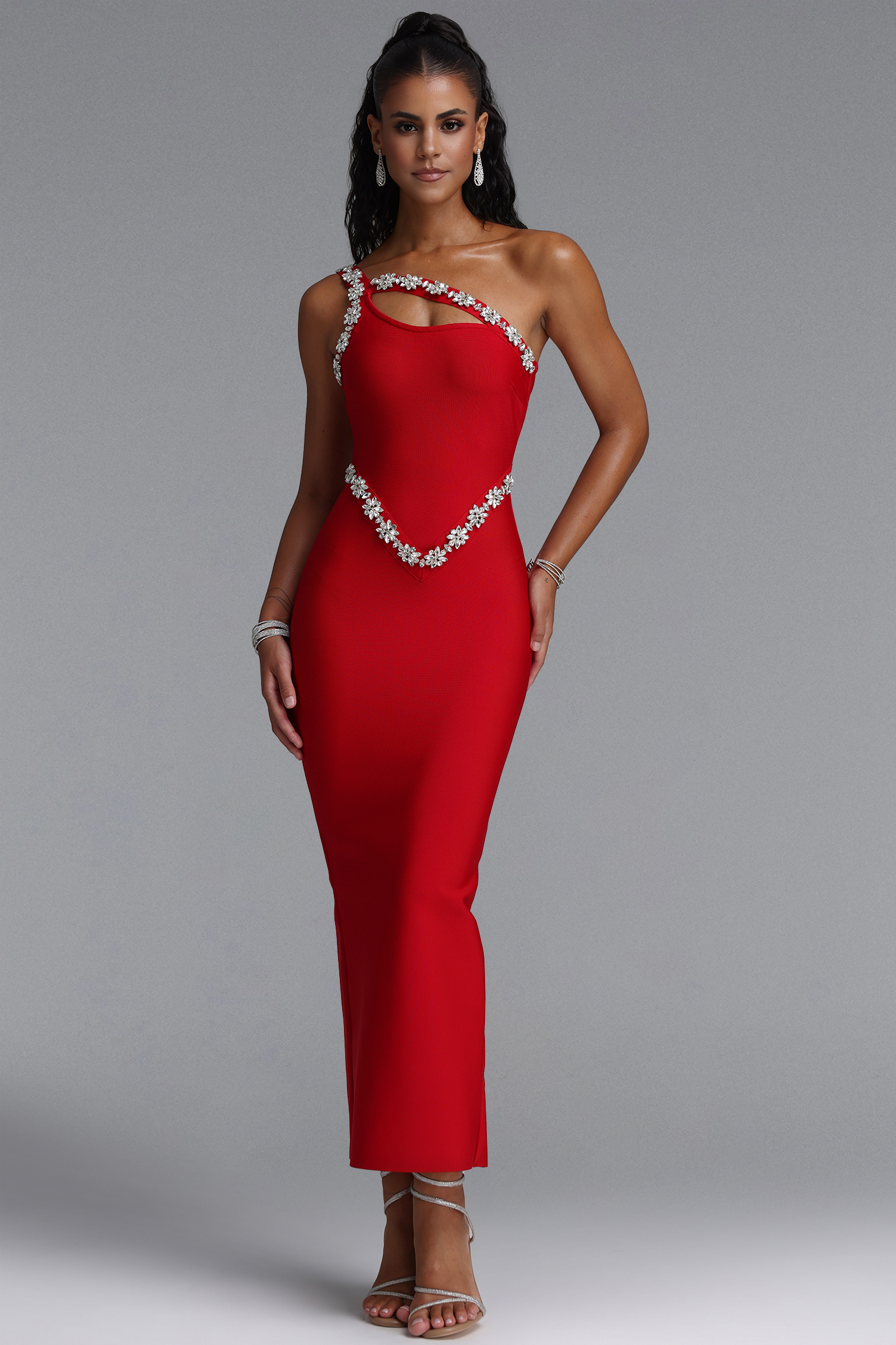 Fakula Sexy One Shoulder Cut Out Rhinestone Bandage Maxi Dress