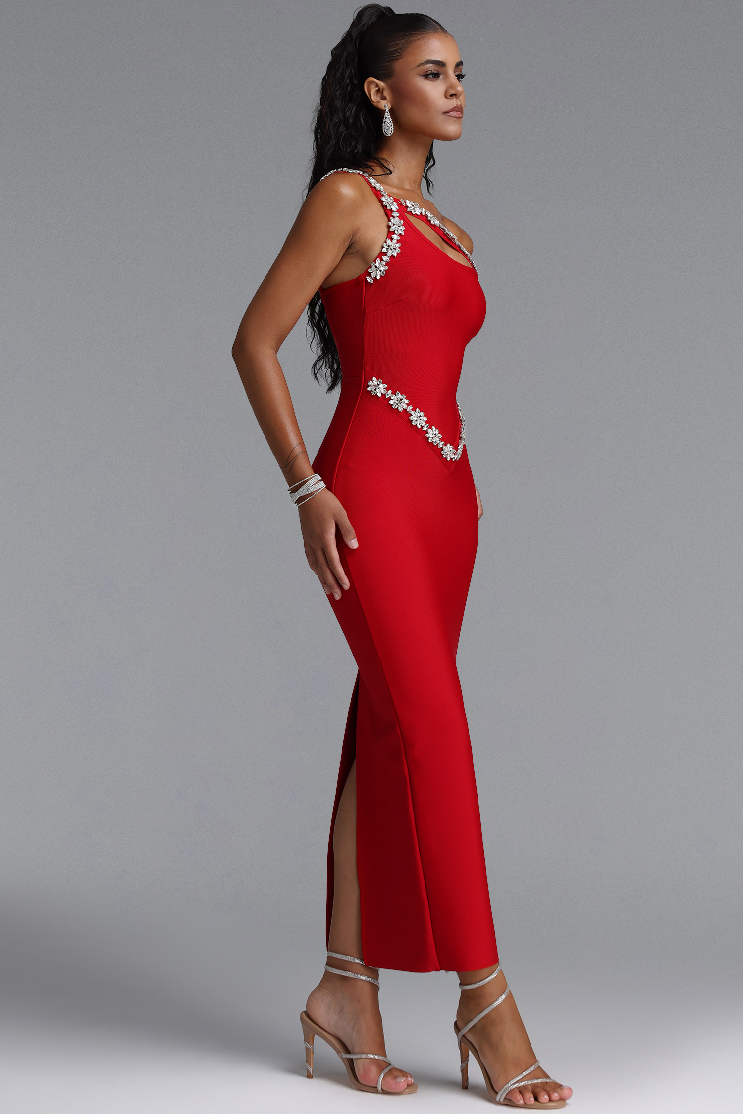 Fakula Sexy One Shoulder Cut Out Rhinestone Bandage Maxi Dress
