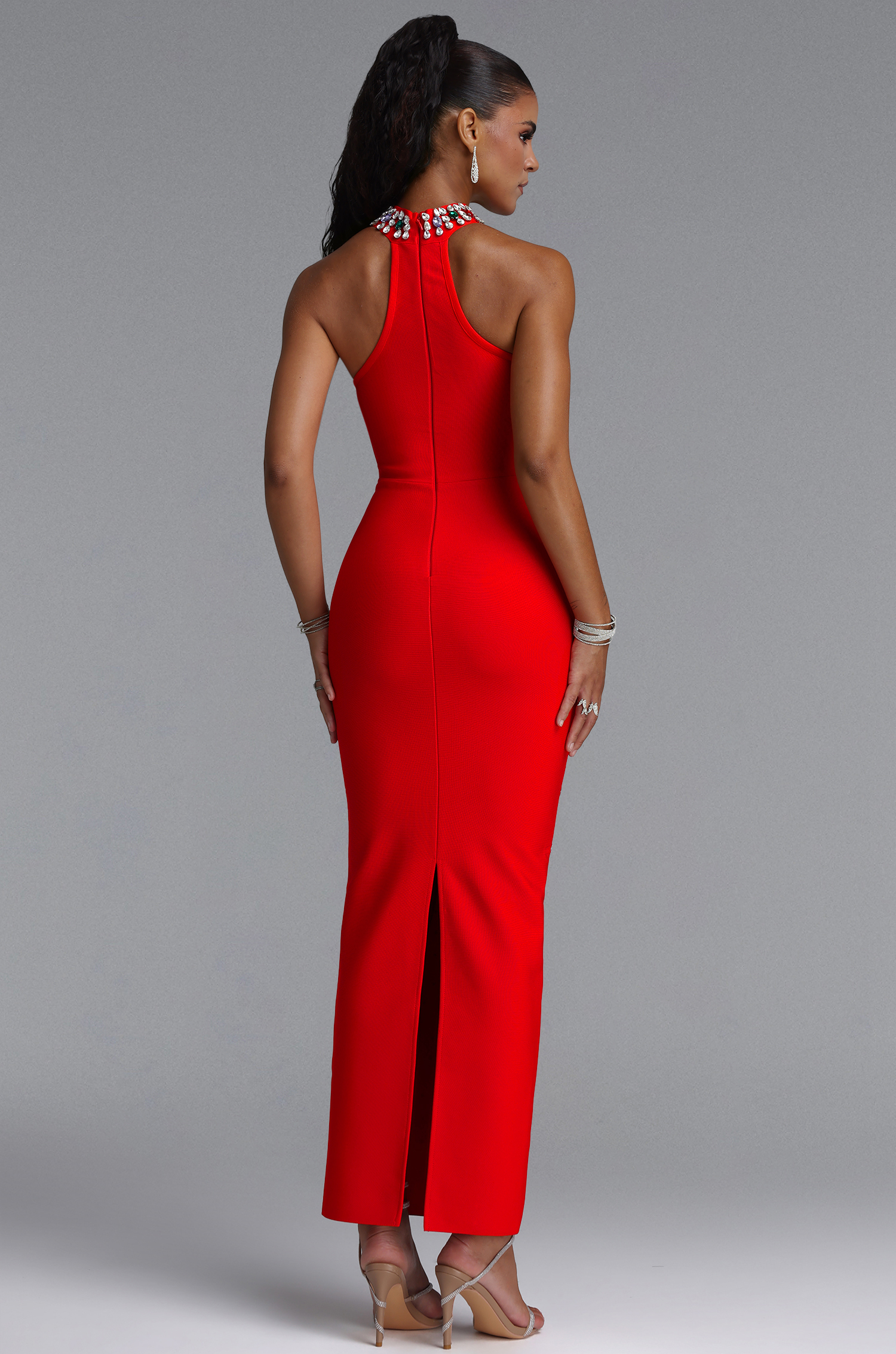 Zaniyah Glamorous Contour Halter Sweetheart Crystal Bandage Maxi Dress
