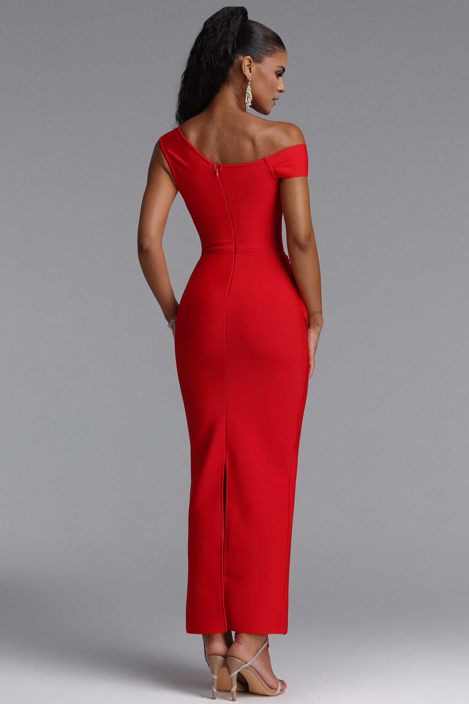 Nevaeh Elegant Contour Rhinestone Draped Ruched Bandage Red Maxi Dress