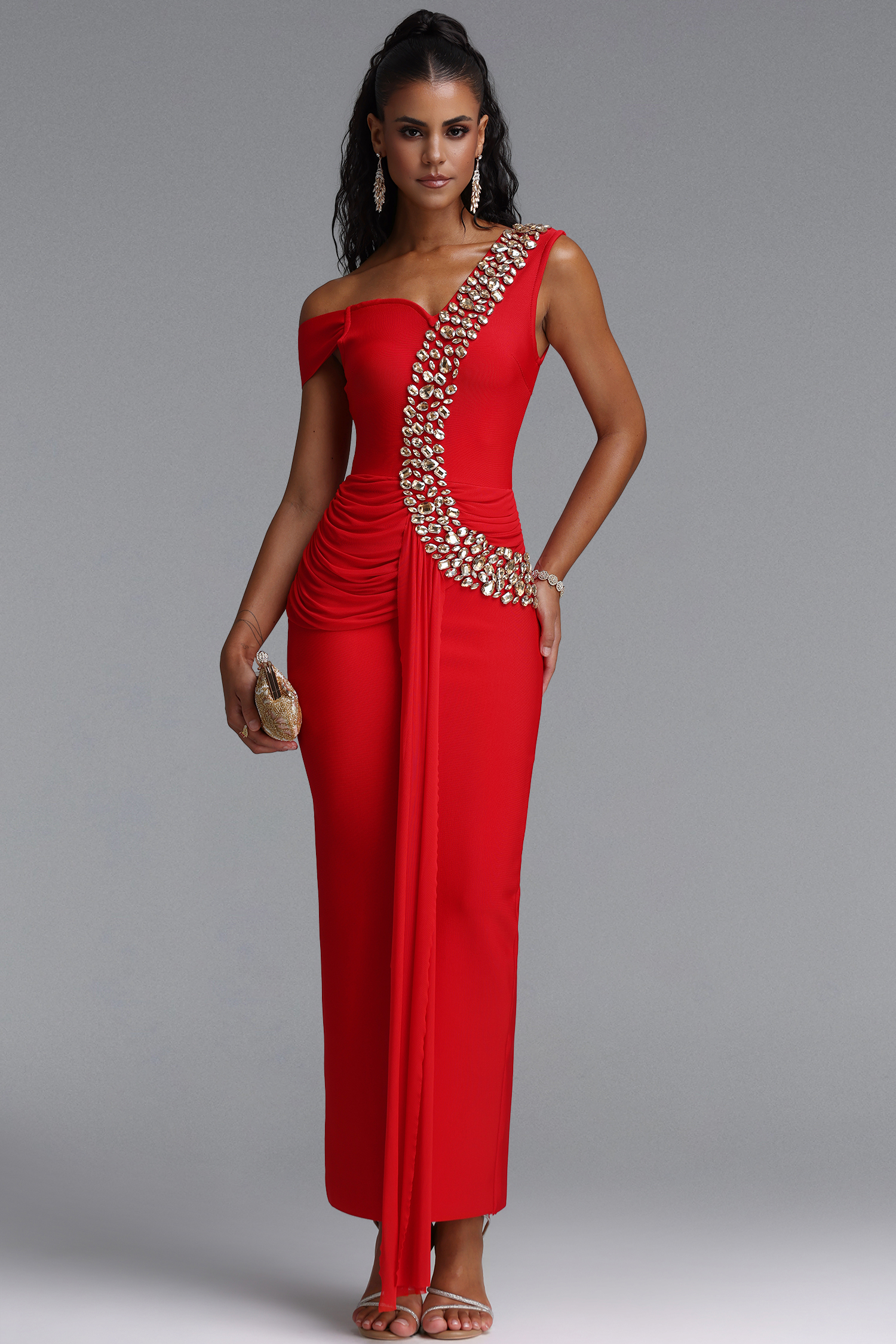 Nevaeh Elegant Contour Rhinestone Draped Ruched Bandage Red Maxi Dress