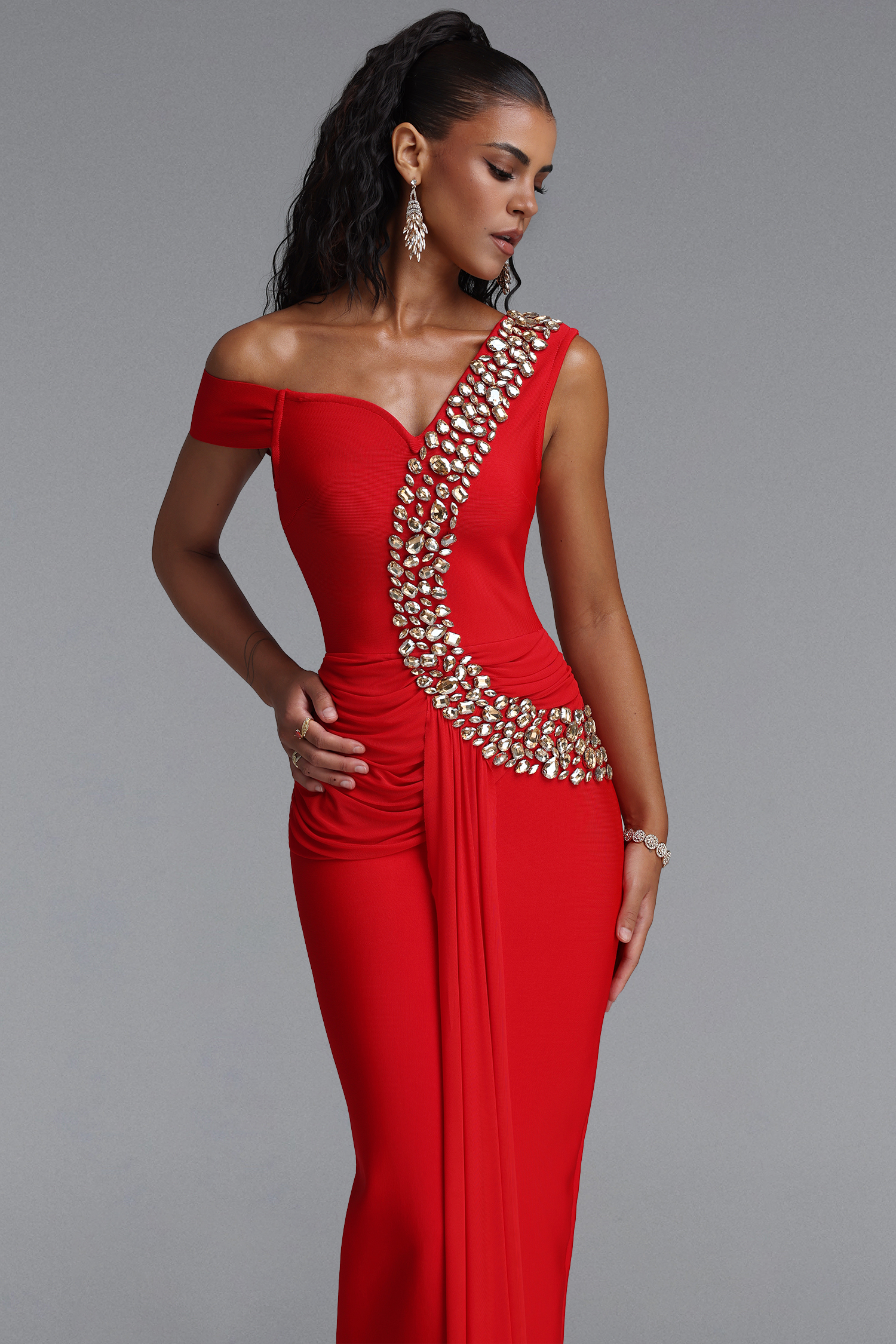 Nevaeh Elegant Contour Rhinestone Draped Ruched Bandage Red Maxi Dress