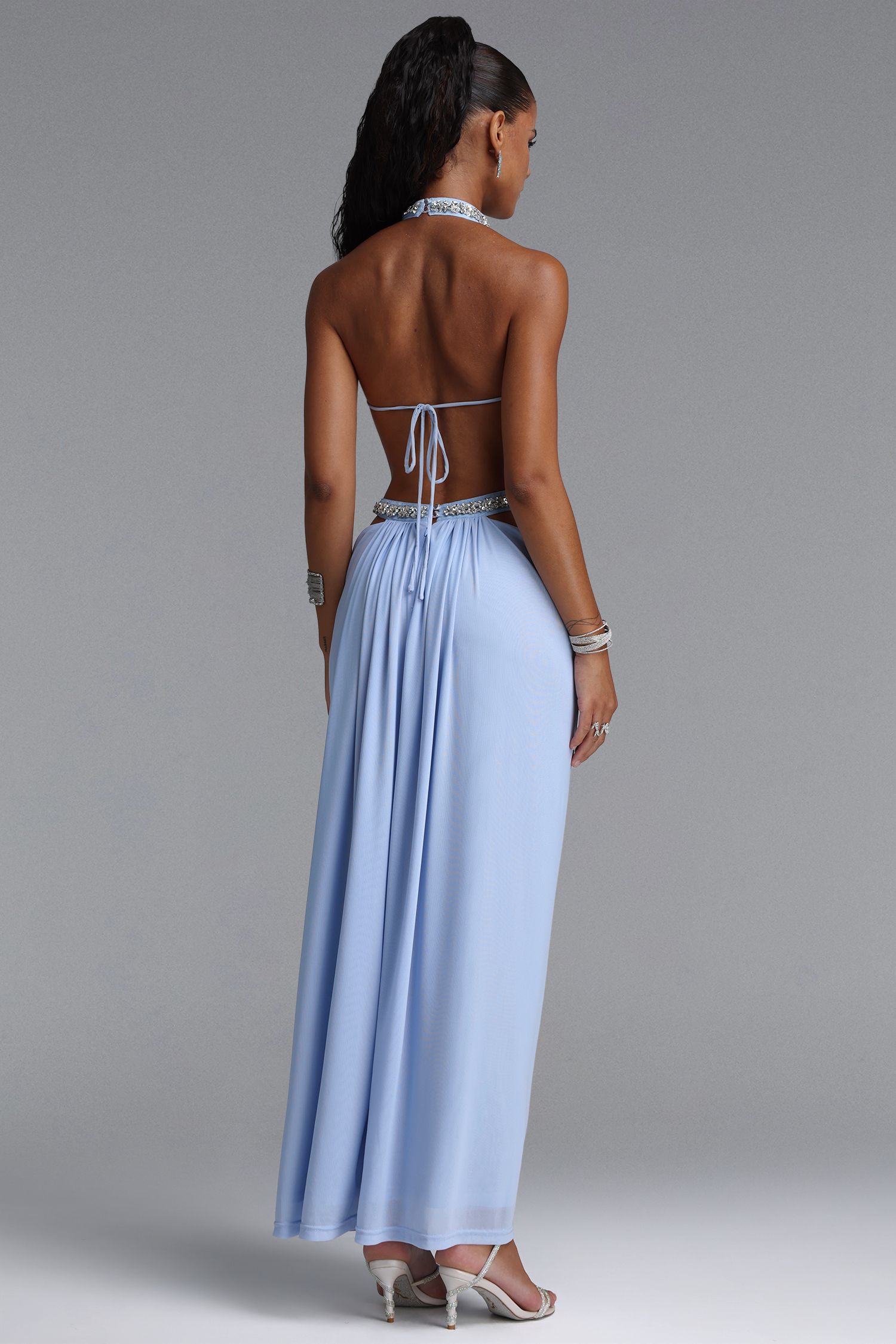 Evelina Chic Flowy Halter Open Back Ruched Blue Maxi Dress