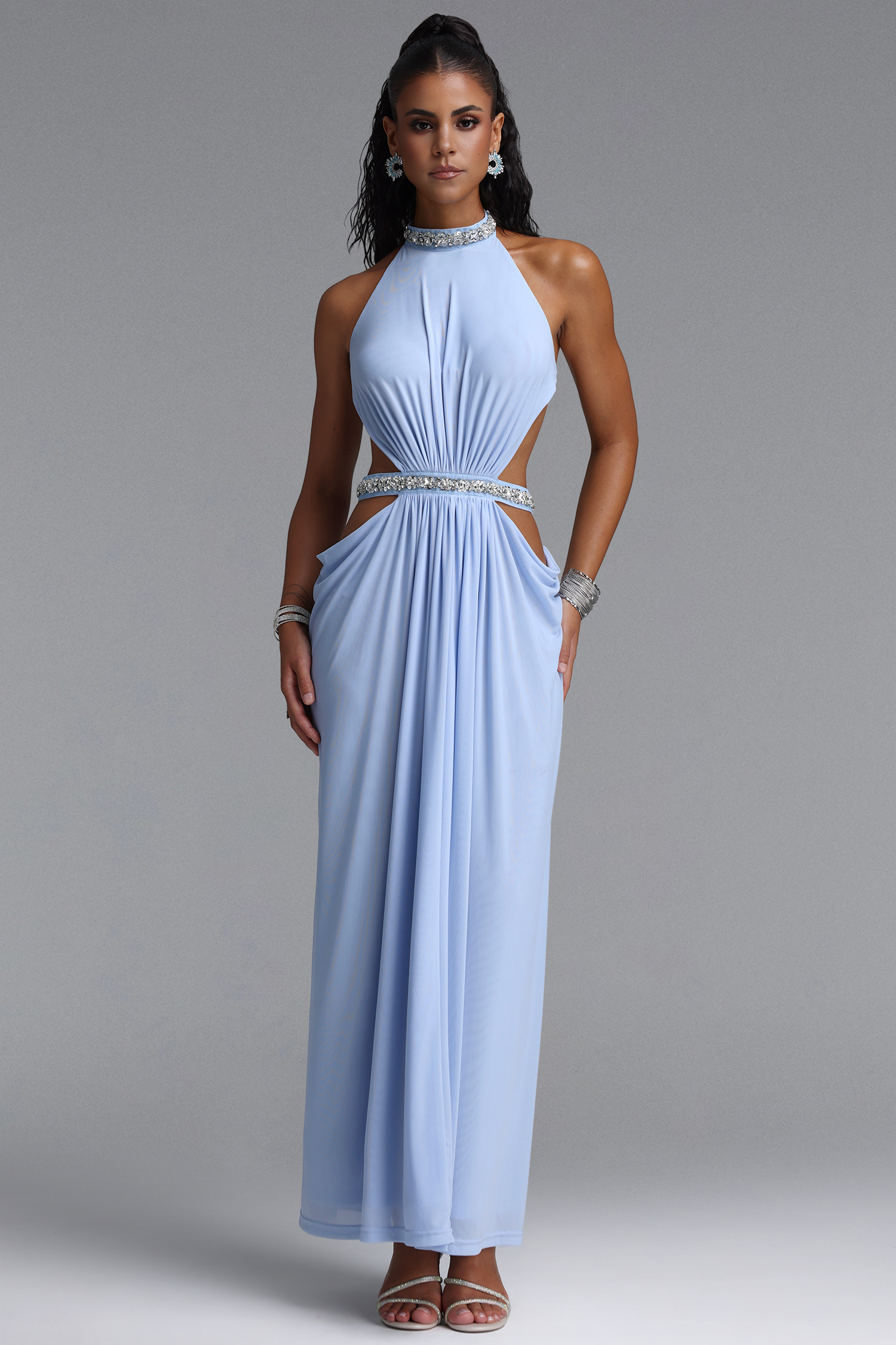 Evelina Chic Flowy Halter Open Back Ruched Blue Maxi Dress
