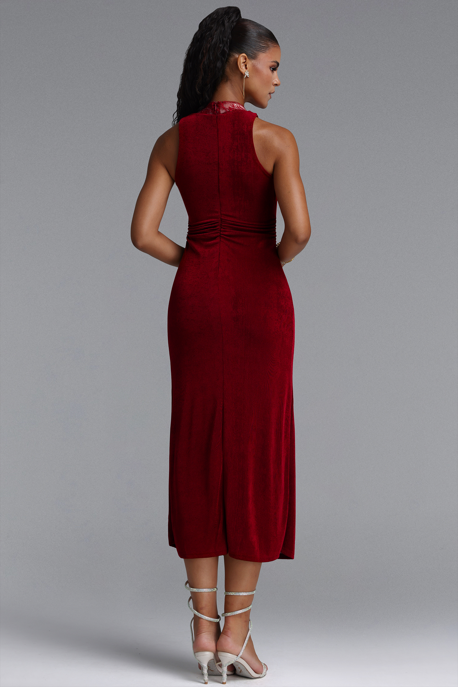 Veren Elegant Contour Halter Cowl Neck Lace Shimmer Jersey Maxi Dress