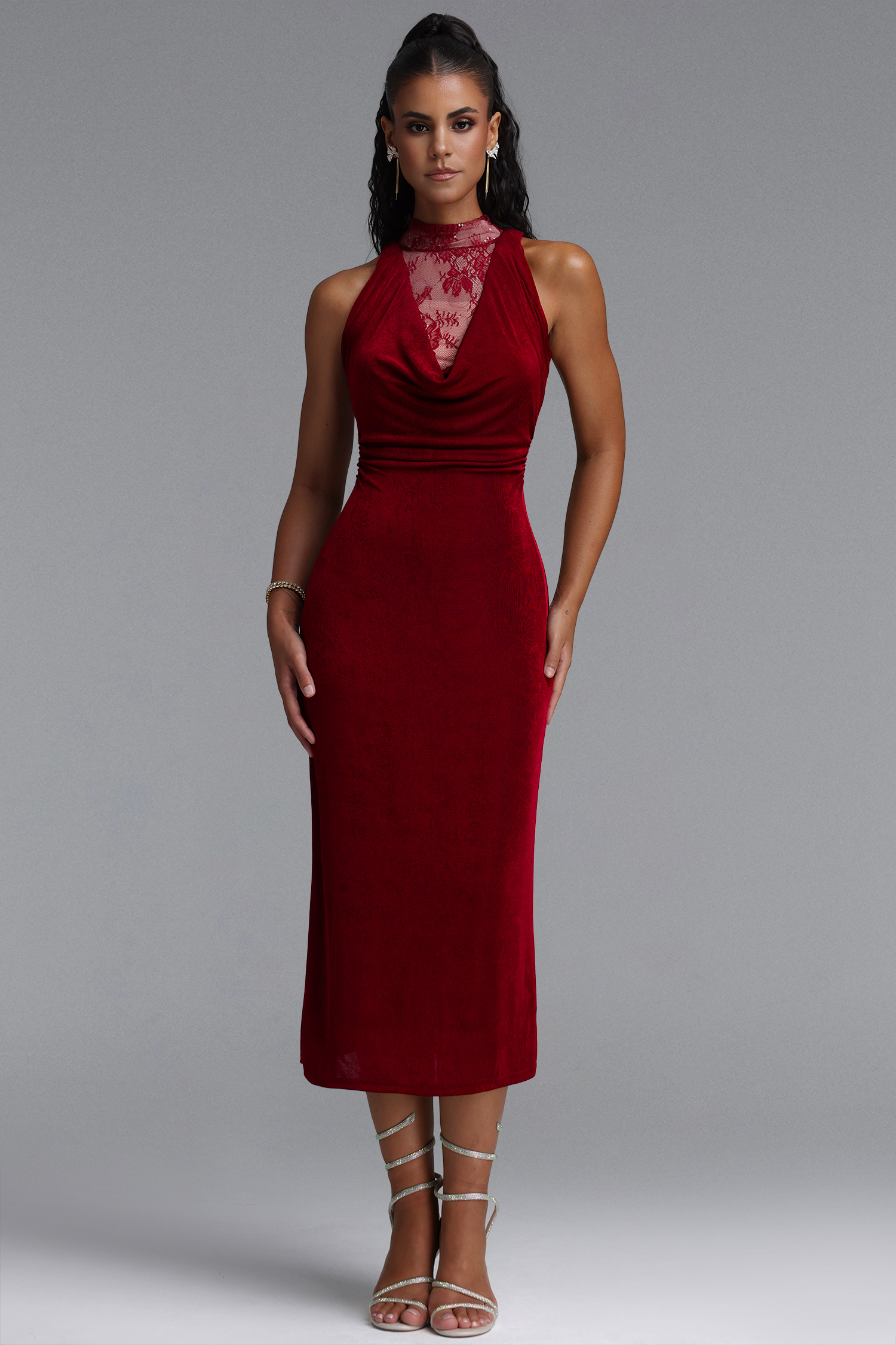 Veren Elegant Contour Halter Cowl Neck Lace Shimmer Jersey Maxi Dress