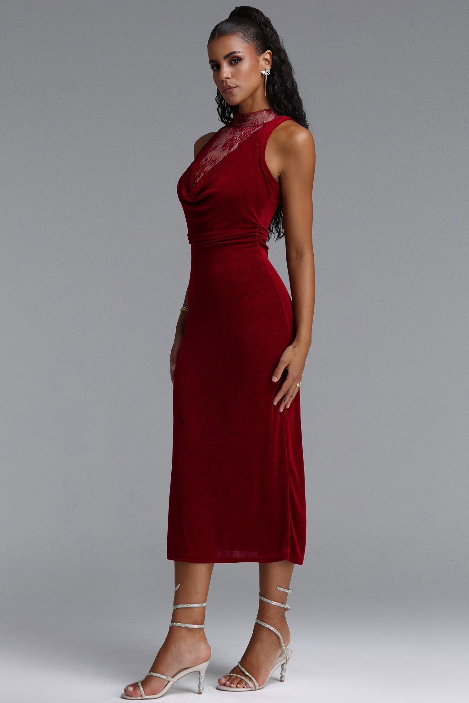 Veren Elegant Contour Halter Cowl Neck Lace Shimmer Jersey Maxi Dress