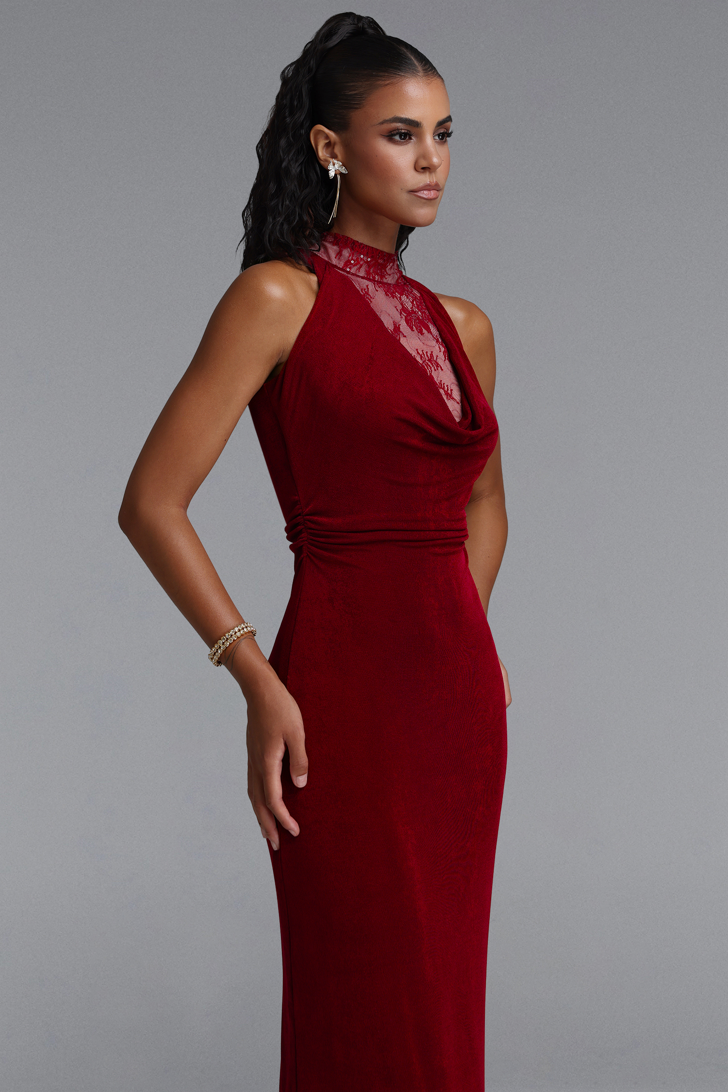 Veren Elegant Contour Halter Cowl Neck Lace Shimmer Jersey Maxi Dress