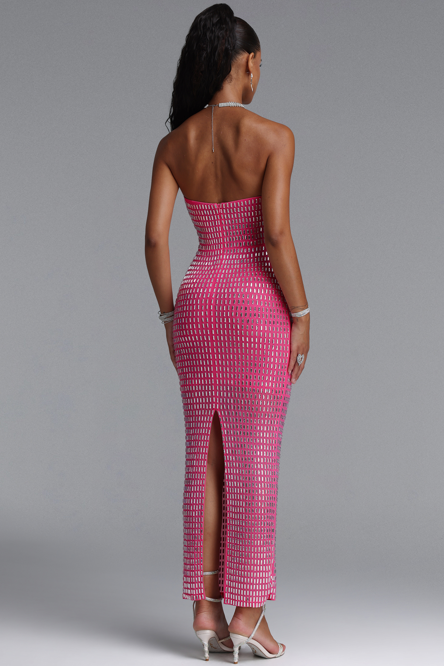 Julissa Strapless Rhinestone Mesh Fabric Maxi Dress