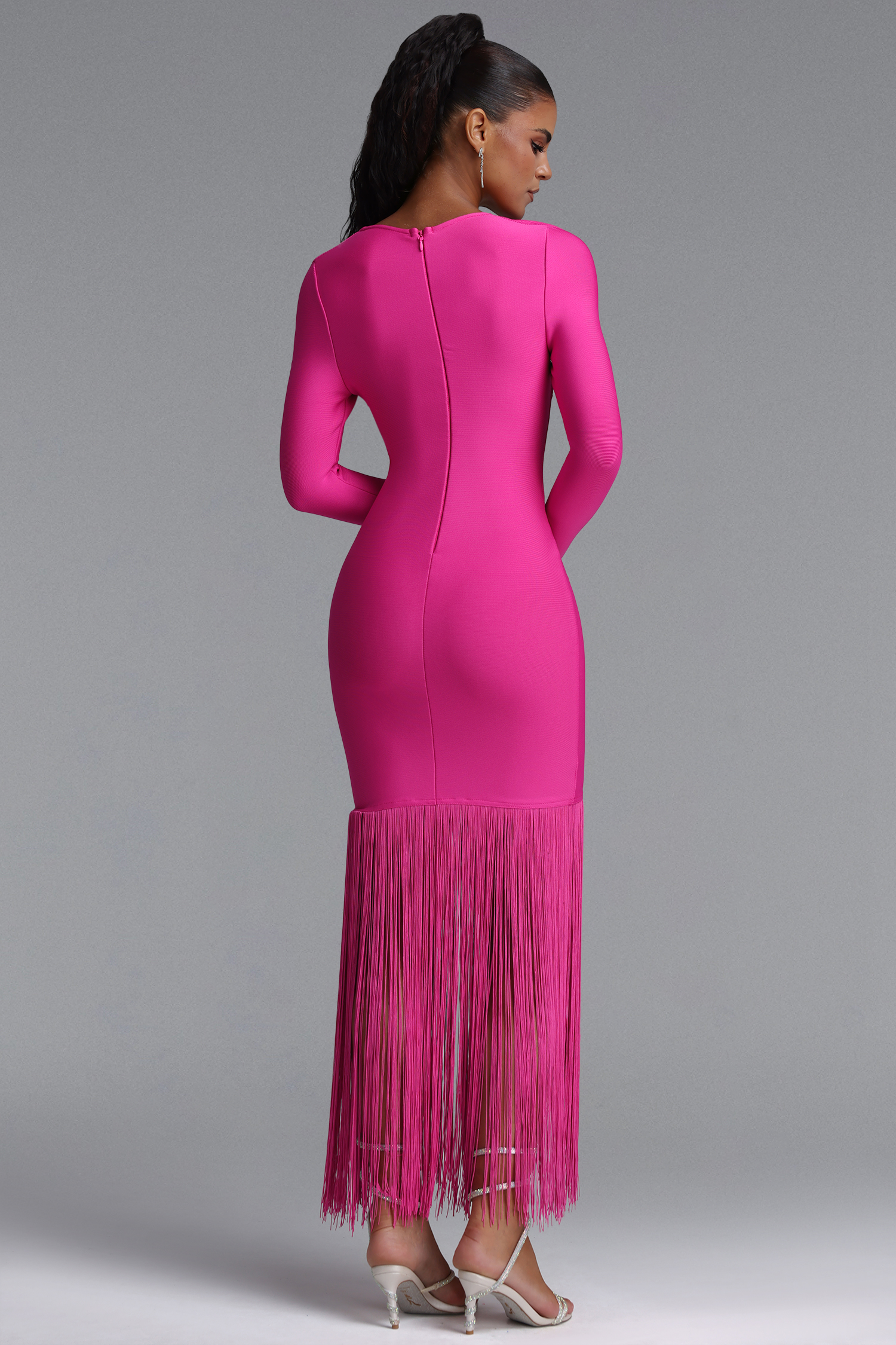 Erina Vintage Square Neck Long Sleeve Tassel Bandage Rose Pink Maxi Dress