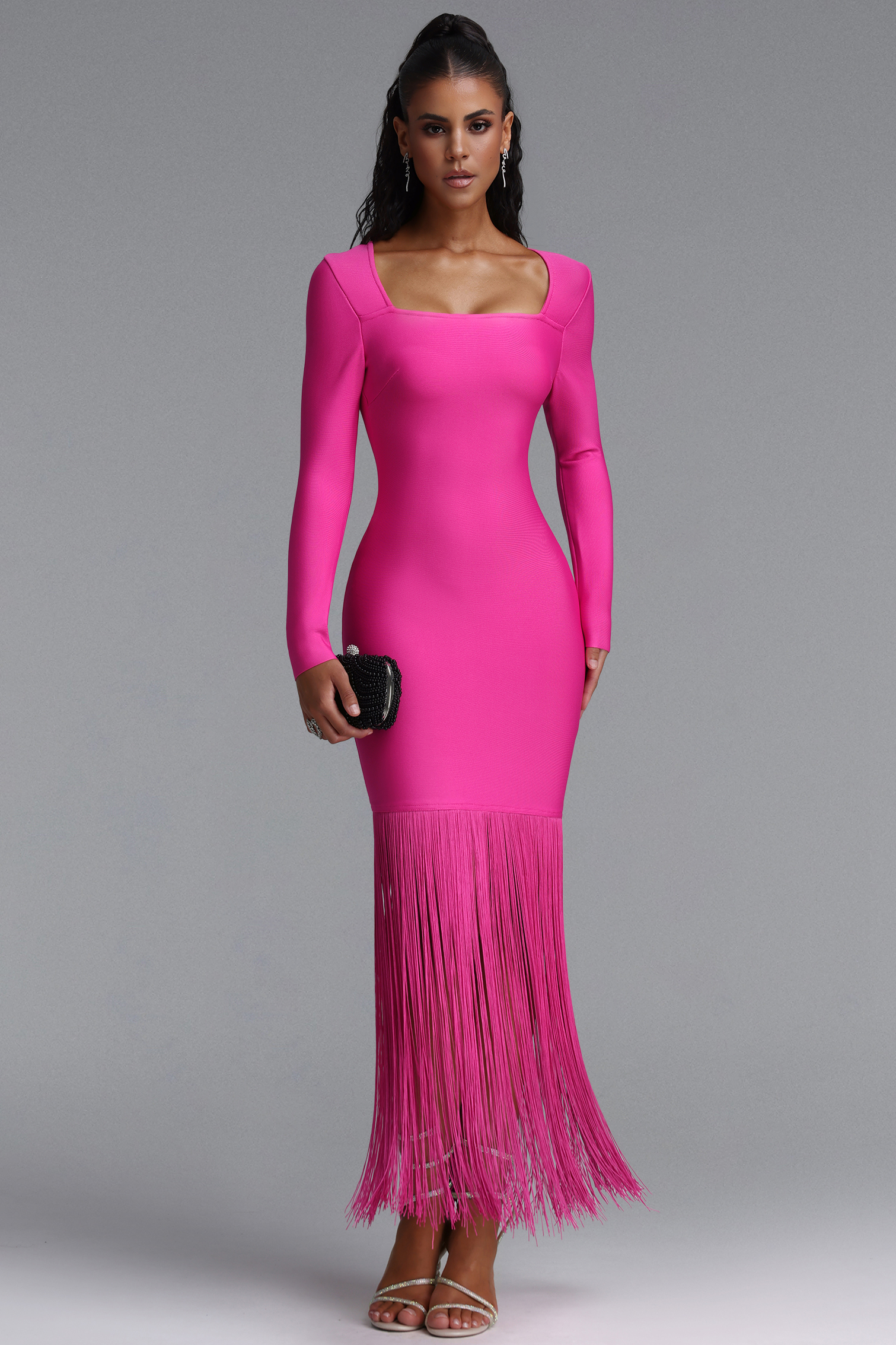 Erina Vintage Square Neck Long Sleeve Tassel Bandage Rose Pink Maxi Dress