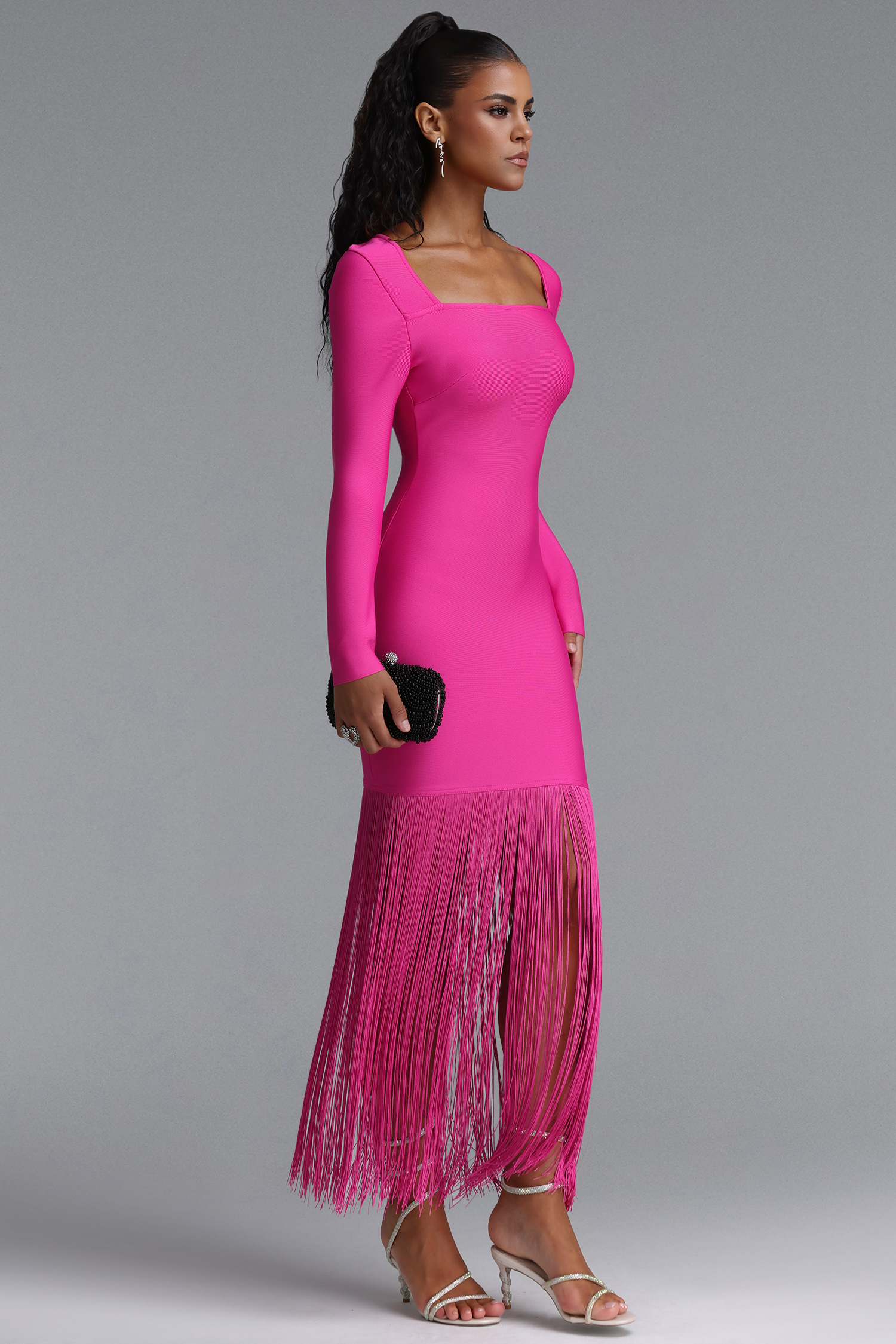 Erina Vintage Square Neck Long Sleeve Tassel Bandage Rose Pink Maxi Dress
