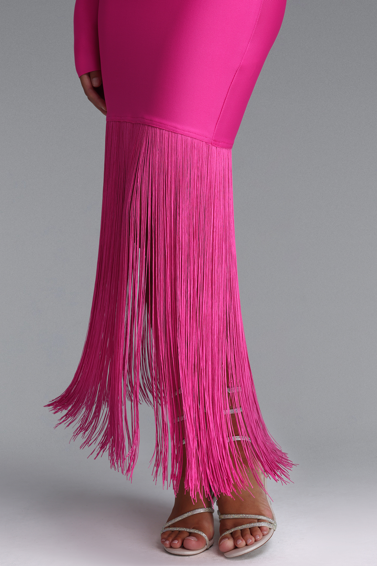 Erina Vintage Square Neck Long Sleeve Tassel Bandage Rose Pink Maxi Dress