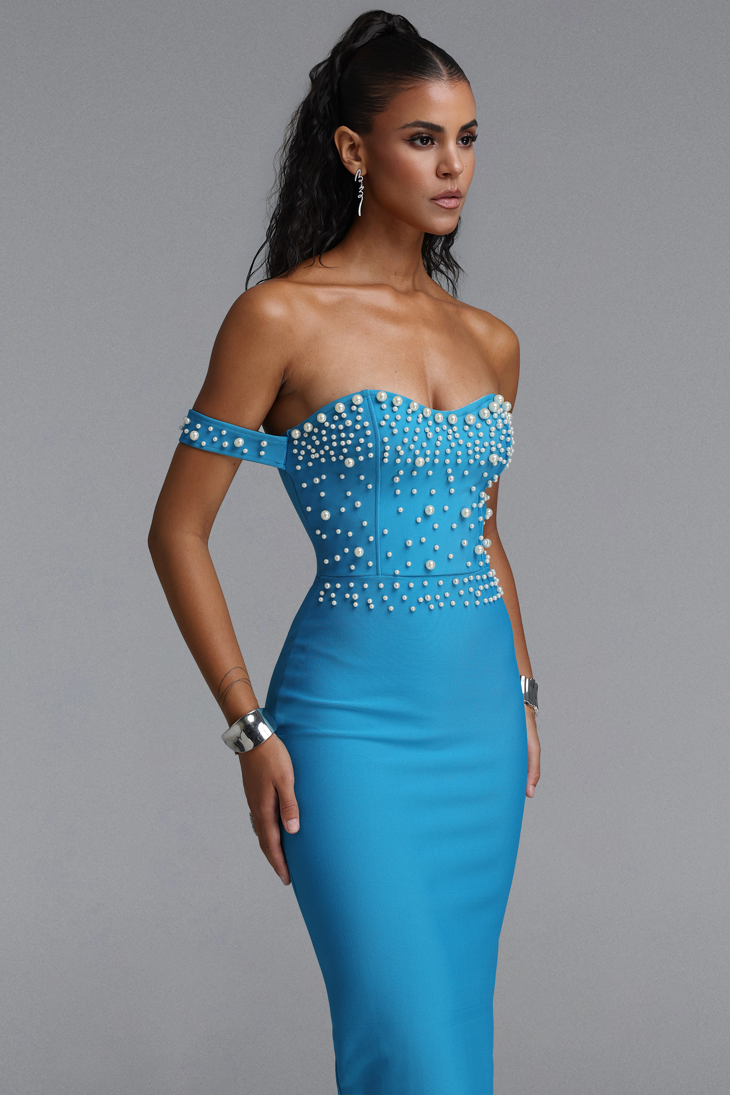 Eudora Elegant Off Shoulder Pearl High Slit Bandage Maxi Dress