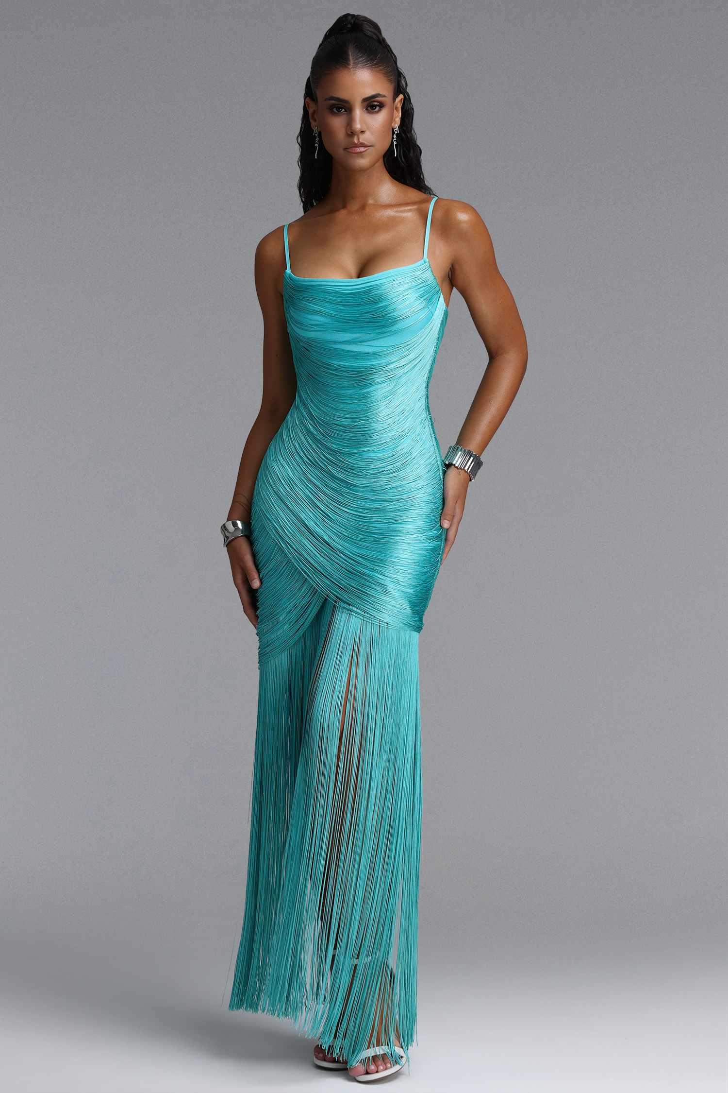 Rexanne Glamorous Contour Sleeveless Fringe Bandage Blue Maxi Dress