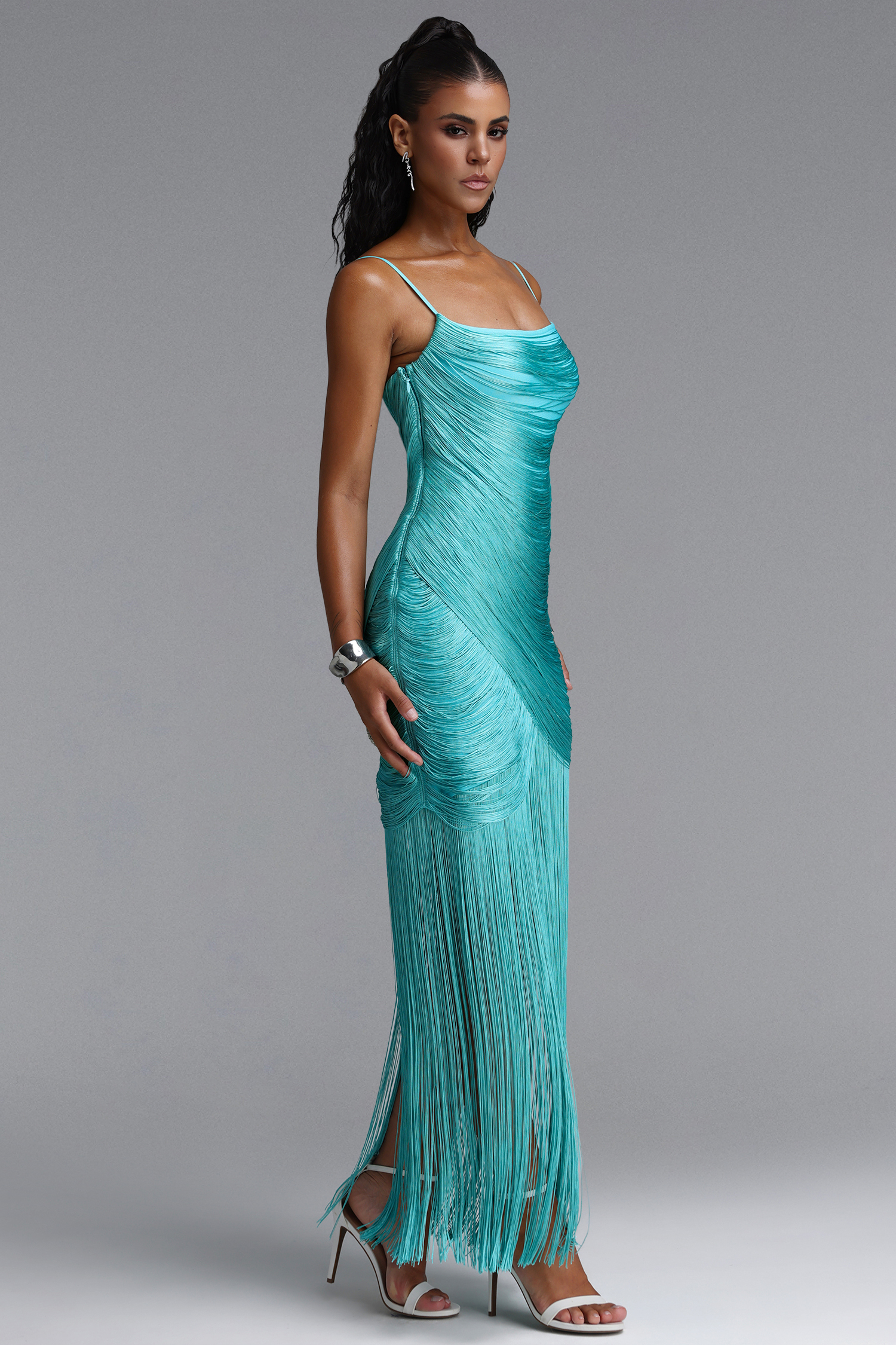 Rexanne Glamorous Contour Sleeveless Fringe Bandage Blue Maxi Dress