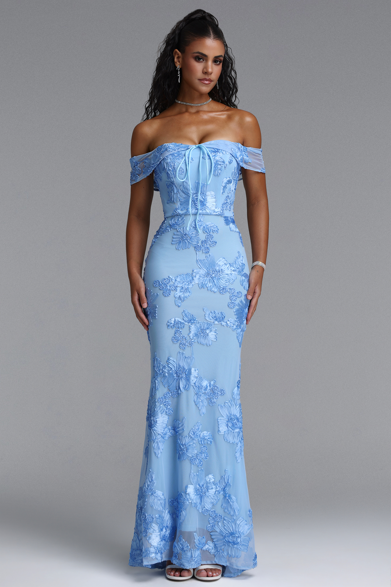 Soraya Romantic Elegant Off The Shoulder Bow Floral Flowy Maxi Dress