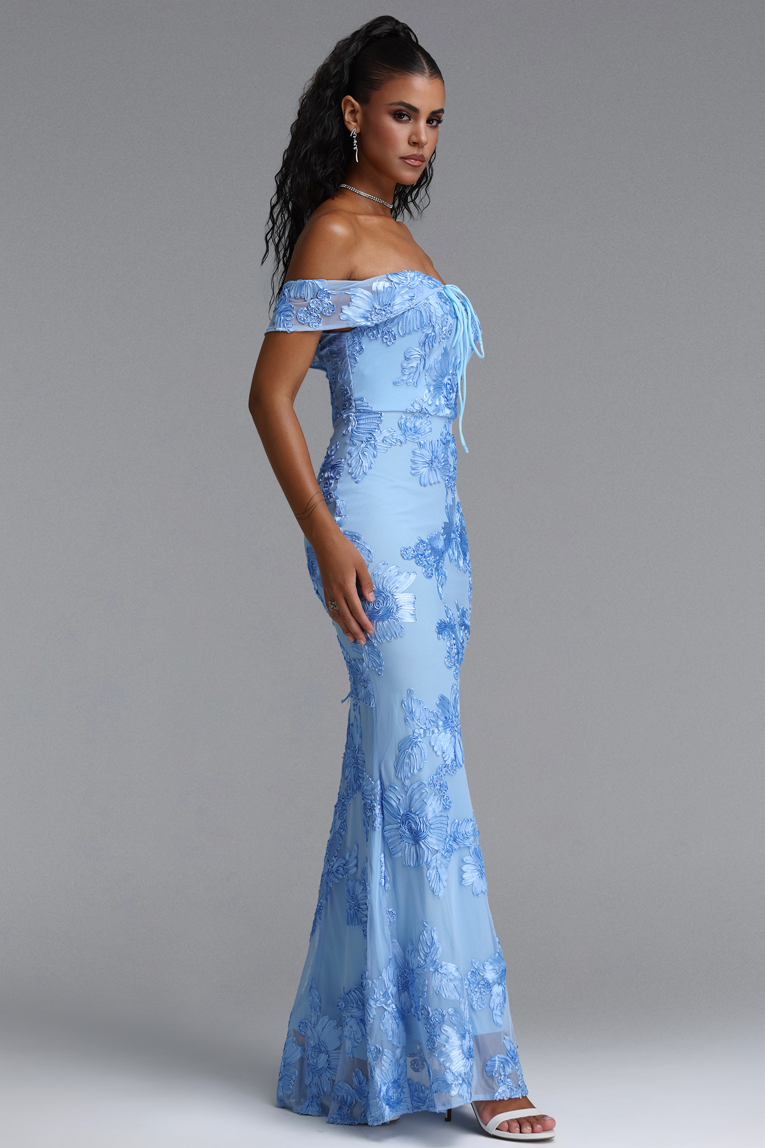 Soraya Romantic Elegant Off The Shoulder Bow Floral Flowy Maxi Dress