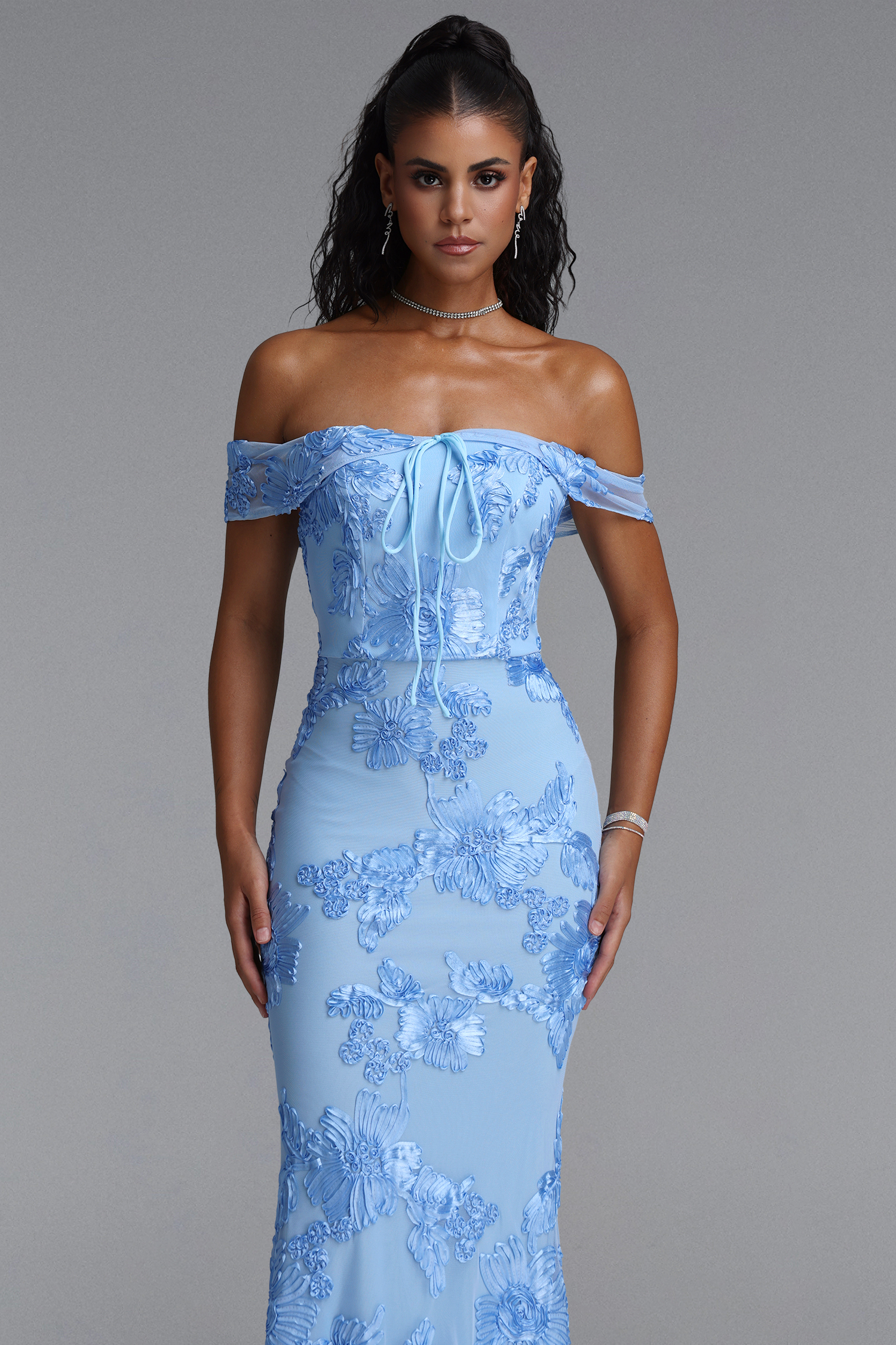 Soraya Romantic Elegant Off The Shoulder Bow Floral Flowy Maxi Dress