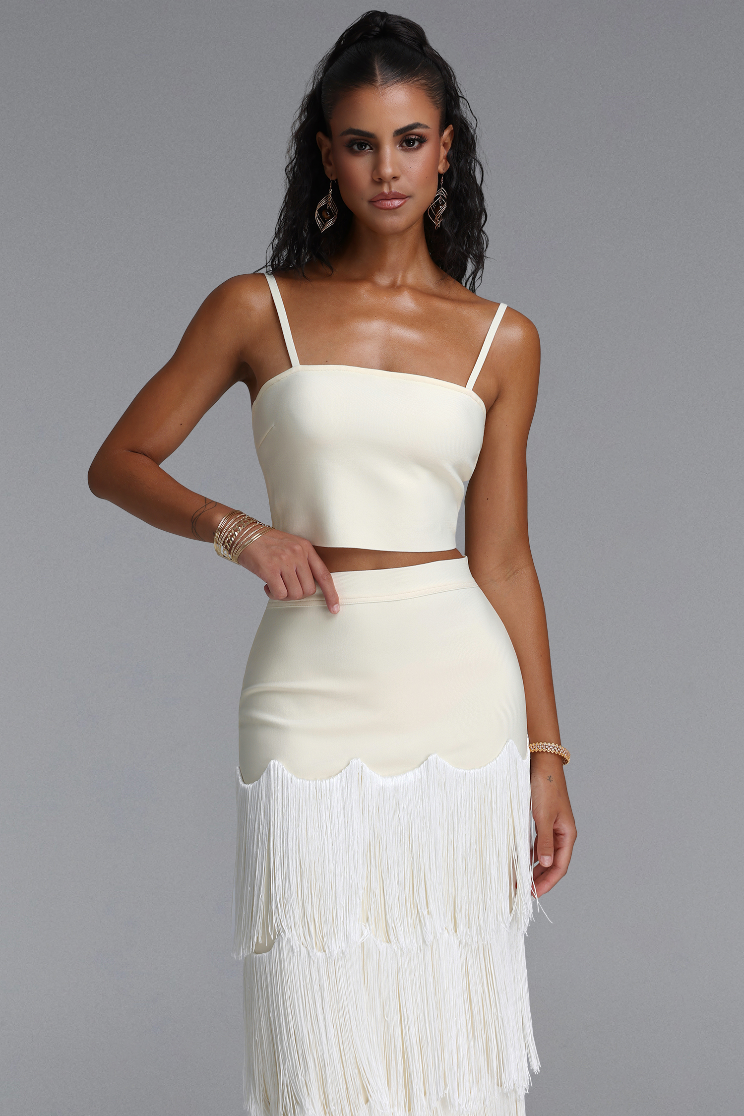 Valerie Chic Contour Cami Strap Top Tassel Bandage Two Piece Set