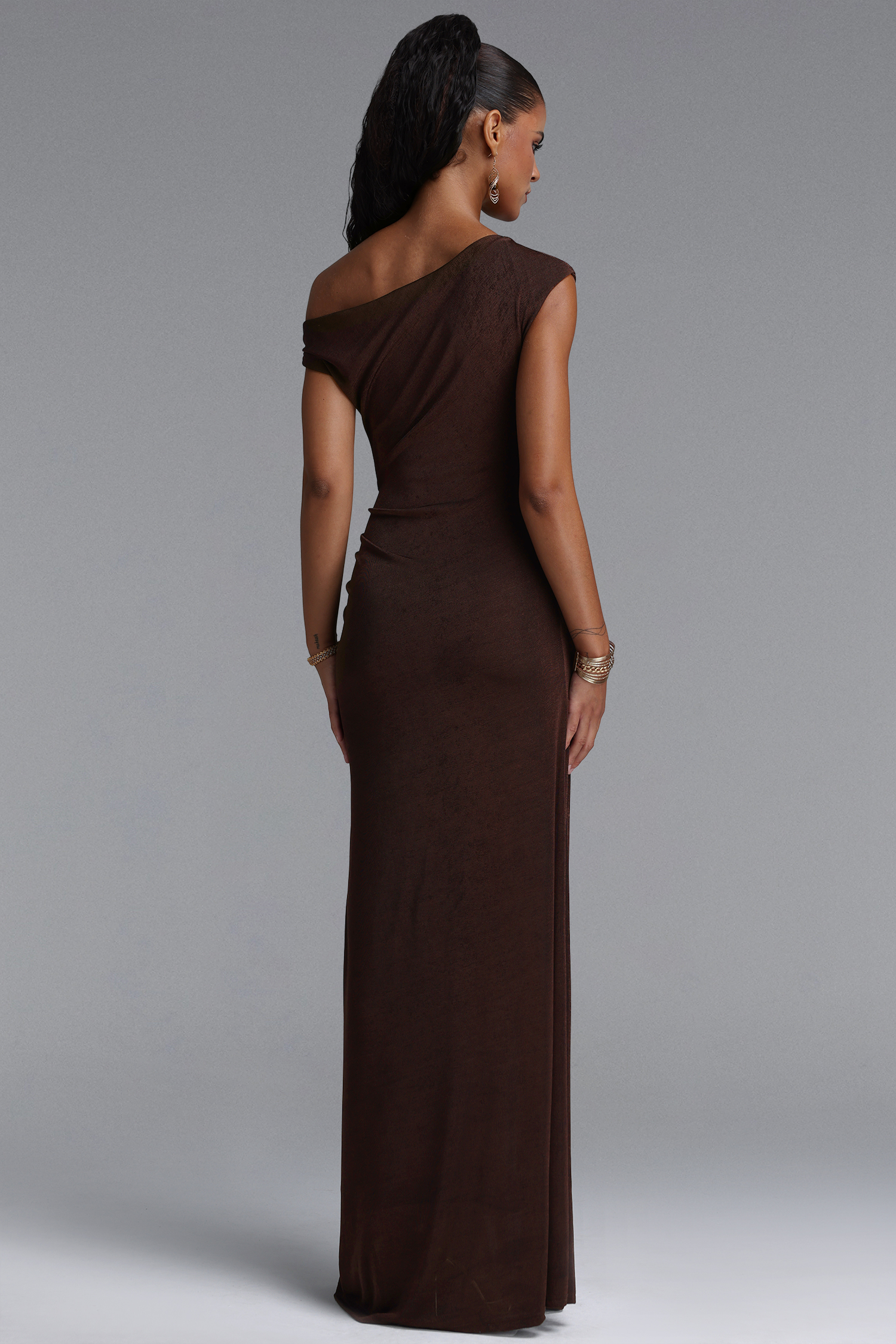 Megan Asymmetrical One Shoulder Side Ruched Knot Beaded Maxi Dress