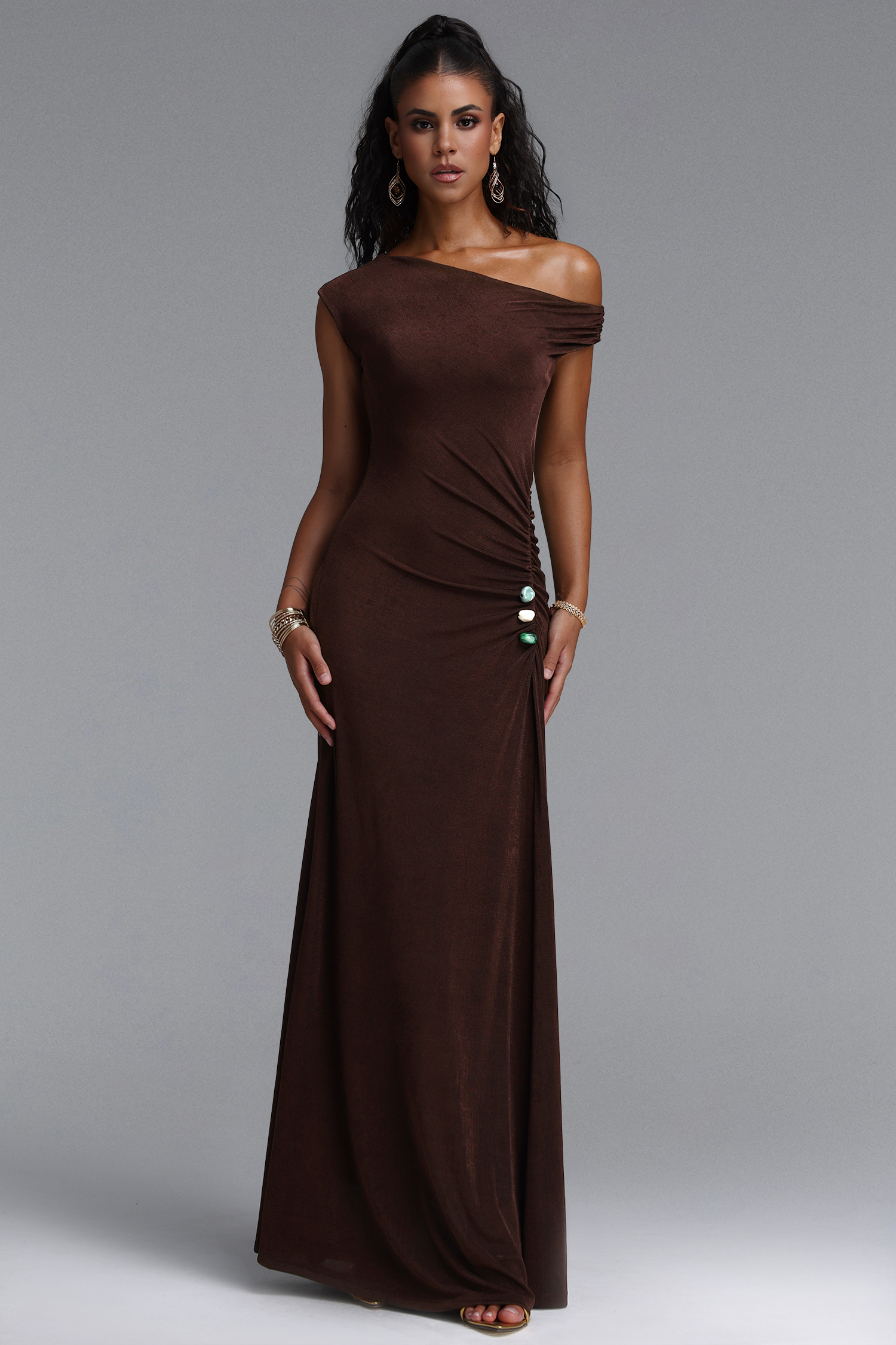 Megan Asymmetrical One Shoulder Side Ruched Knot Beaded Maxi Dress