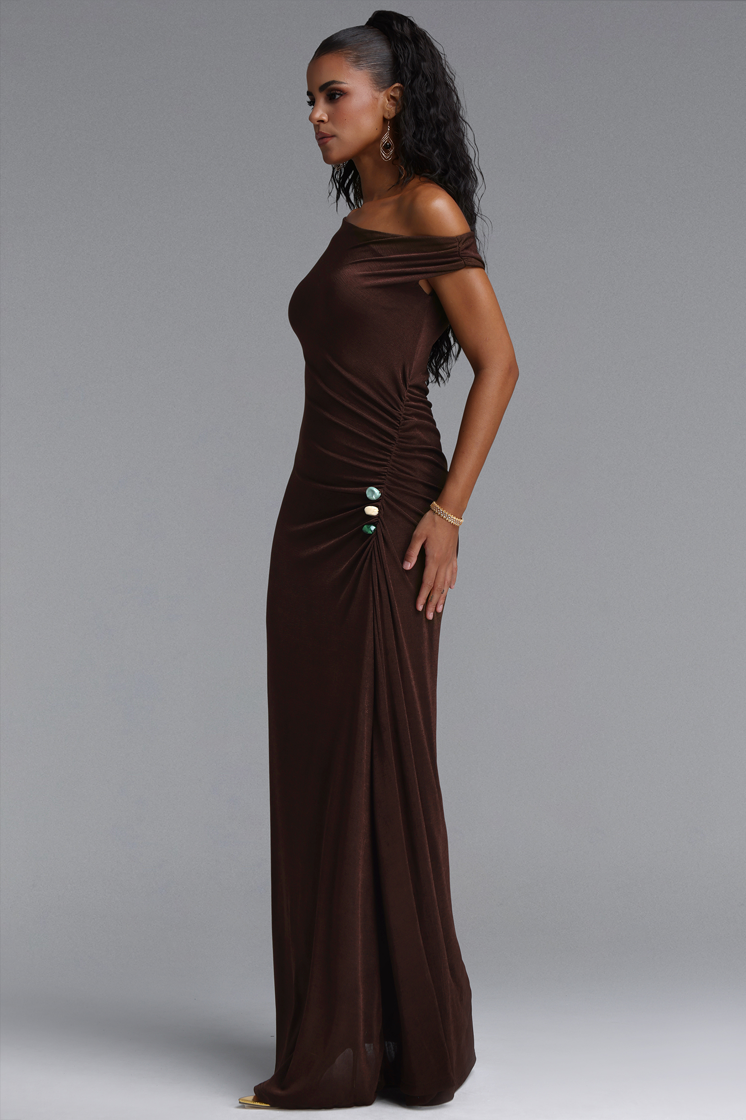 Megan Asymmetrical One Shoulder Side Ruched Knot Beaded Maxi Dress