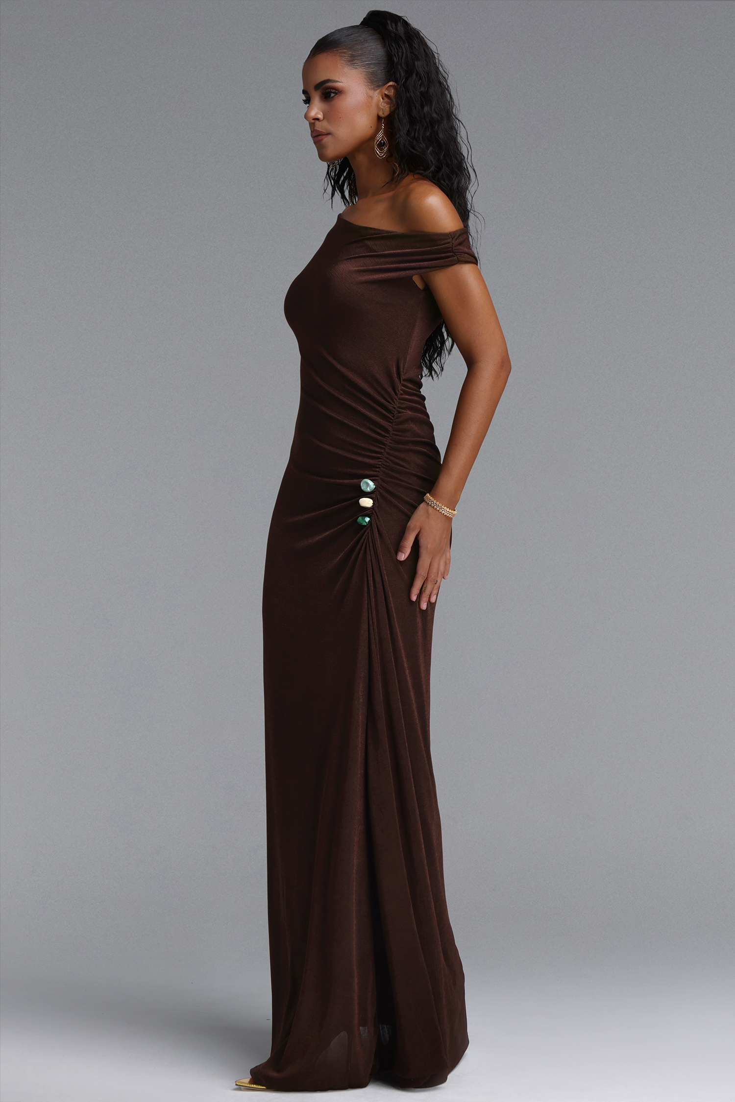 Megan Asymmetrical One Shoulder Side Ruched Knot Beaded Maxi Dress