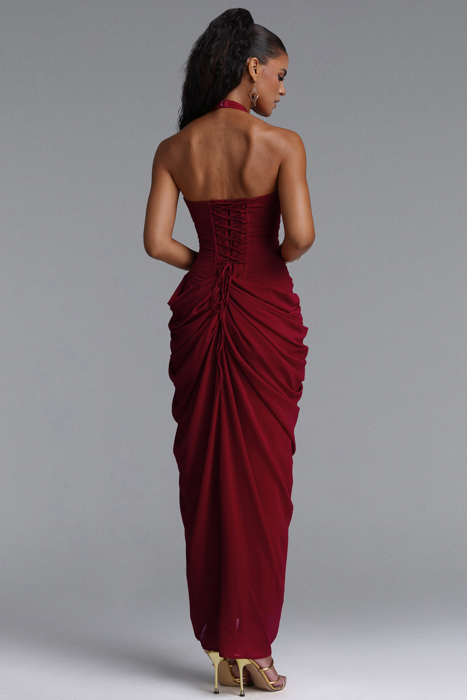 Fallon Elegant Halter Deep V Pleated High Slit Knit Maxi Dress