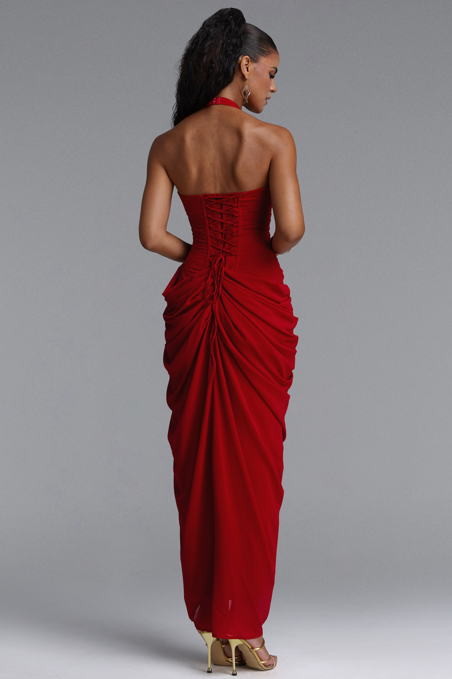Fallon Elegant Halter Deep V Pleated High Slit Knit Maxi Dress