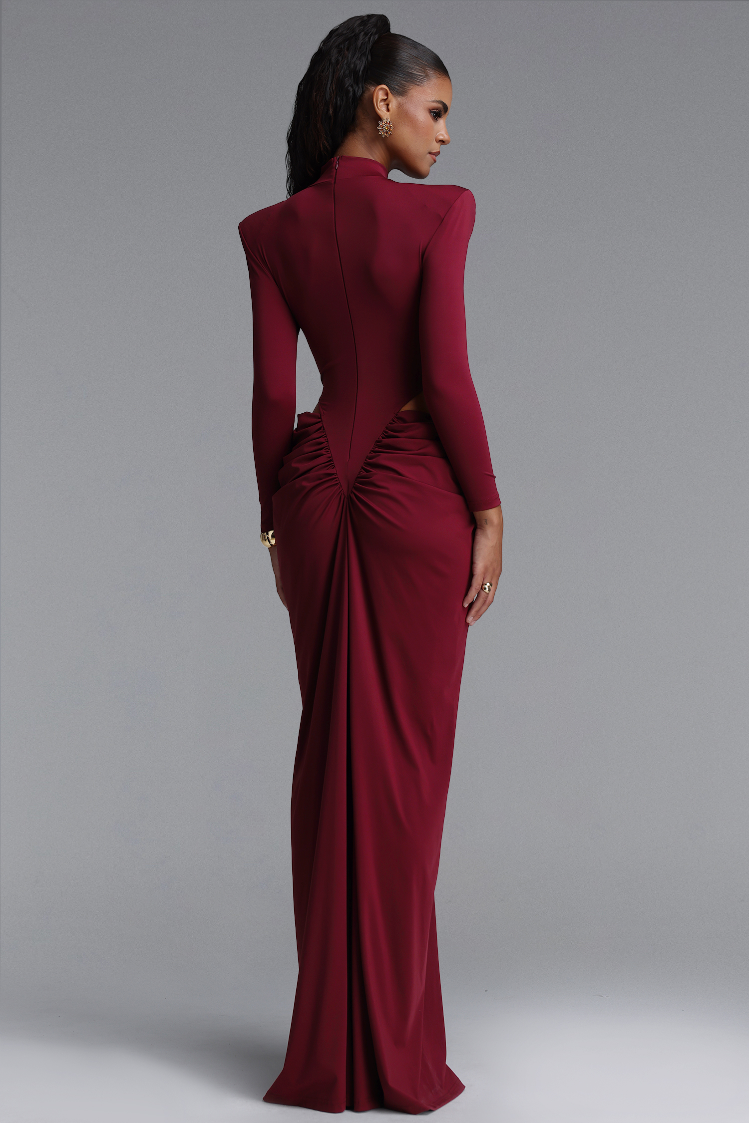 Elliott Luxury High Neck Padded Shoulder Cut Out Ruched Maxi Dress