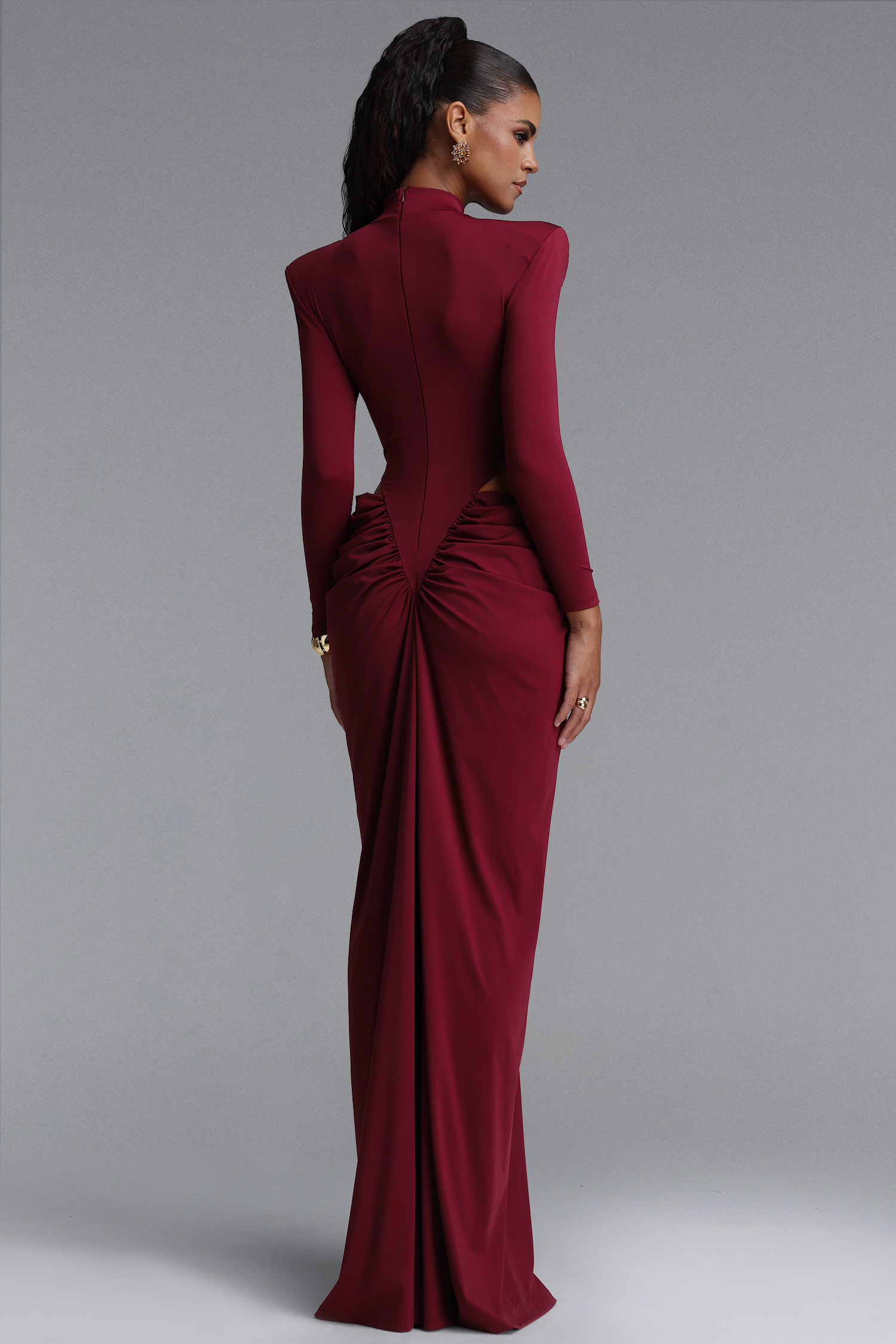 Elliott Luxury High Neck Padded Shoulder Cut Out Ruched Maxi Dress