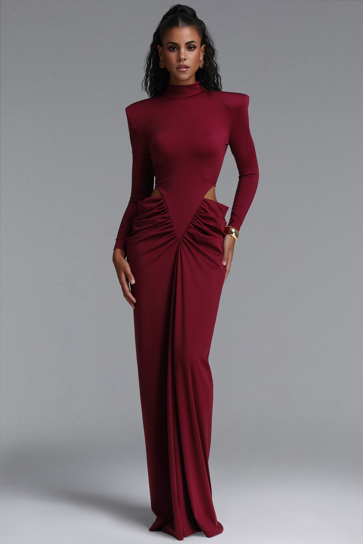 Elliott Luxury High Neck Padded Shoulder Cut Out Ruched Maxi Dress