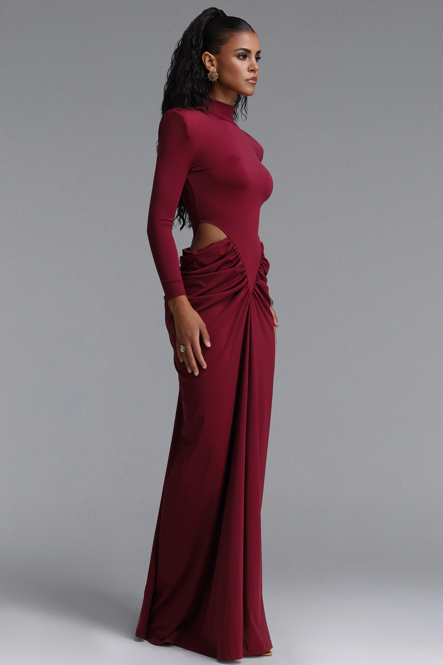Elliott Luxury High Neck Padded Shoulder Cut Out Ruched Maxi Dress