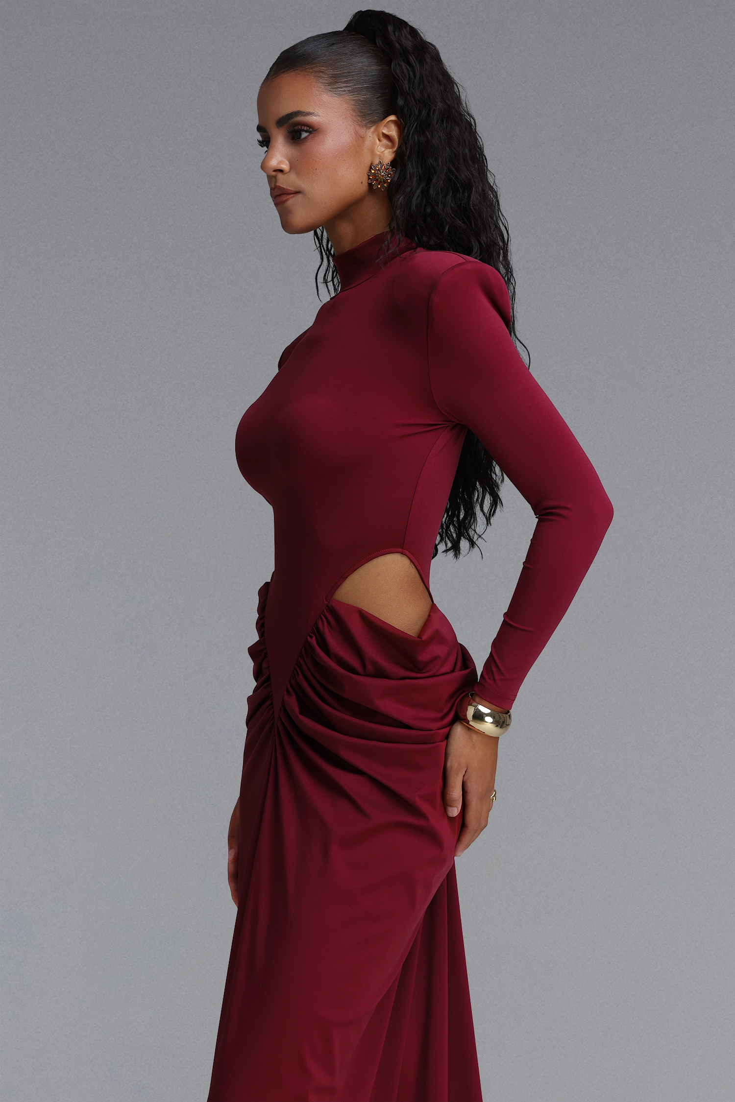 Elliott Luxury High Neck Padded Shoulder Cut Out Ruched Maxi Dress
