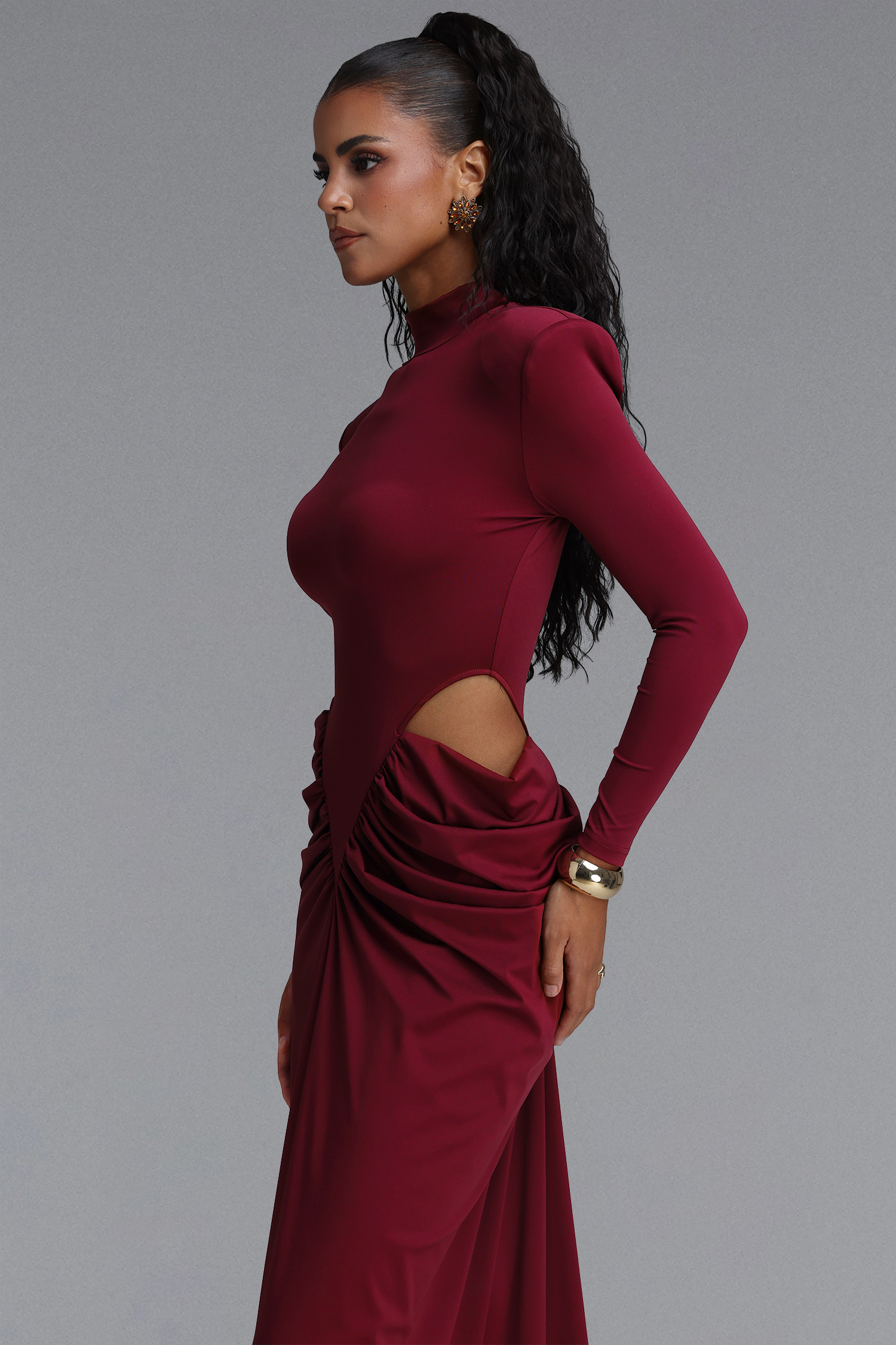 Elliott Luxury High Neck Padded Shoulder Cut Out Ruched Maxi Dress