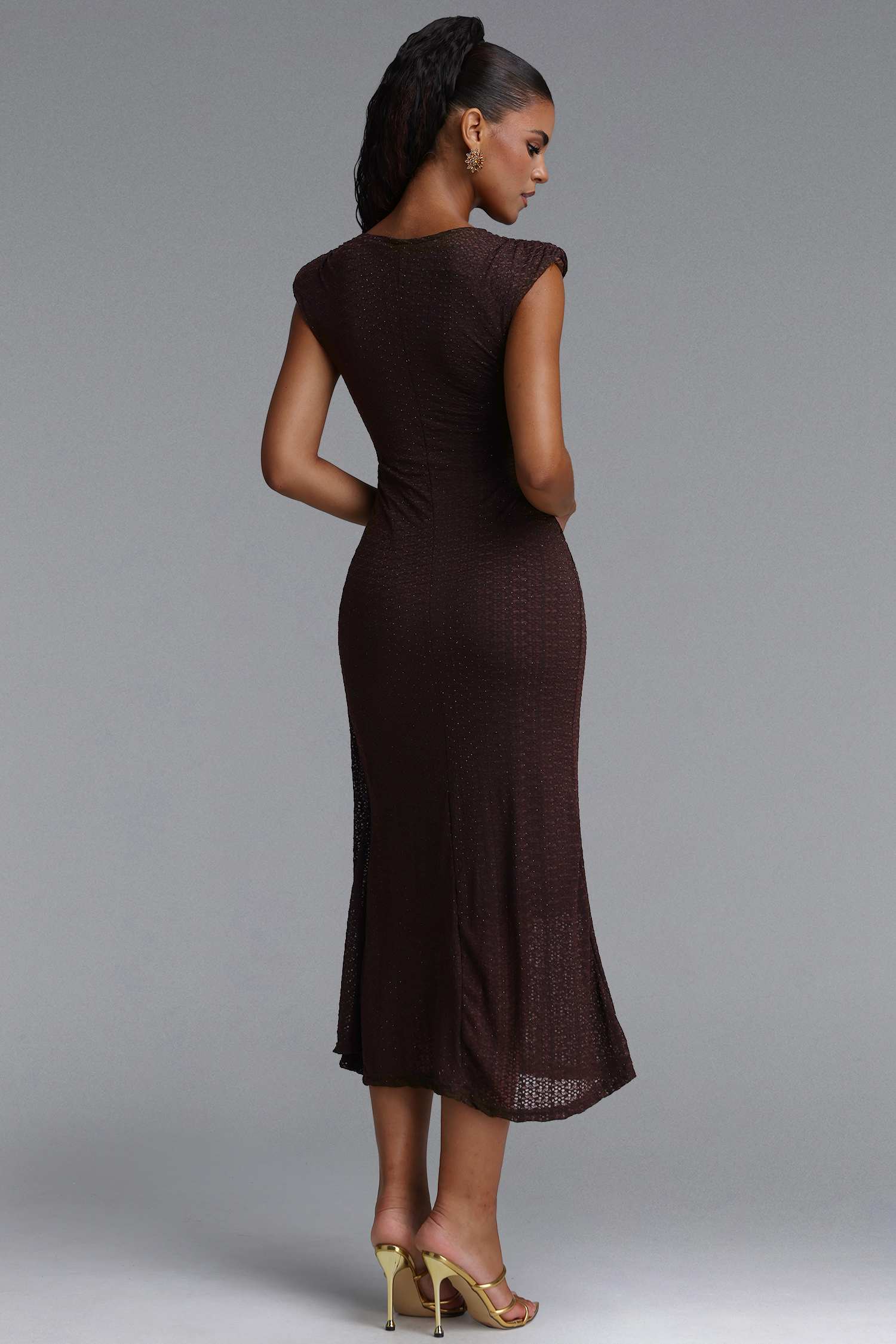 Hzere Elegant Contour Sleeveless Pleated Metal Decor Lace Brown Maxi Dress