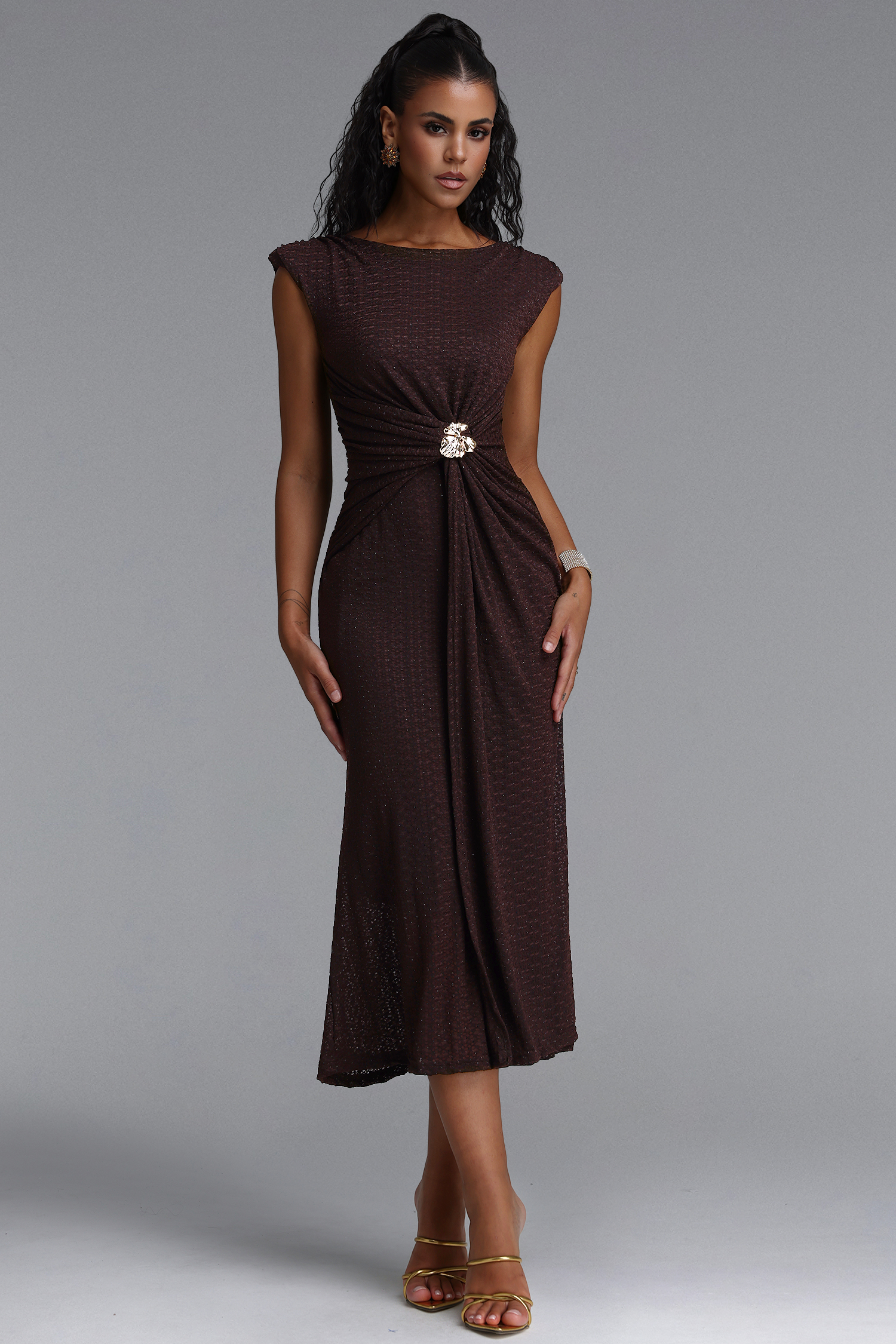 Hzere Elegant Contour Sleeveless Pleated Metal Decor Lace Brown Maxi Dress