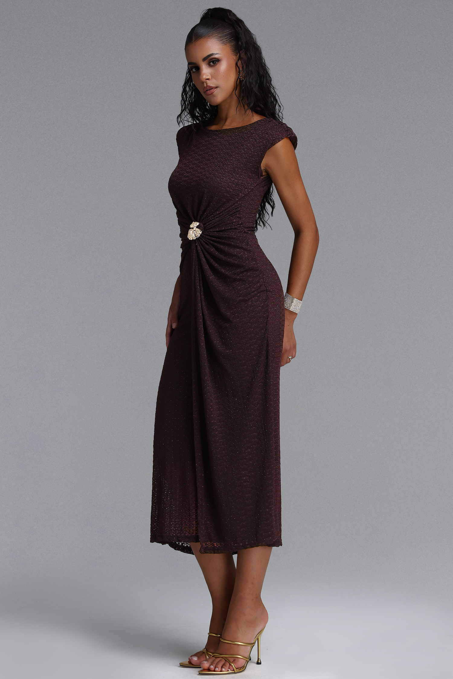 Hzere Elegant Contour Sleeveless Pleated Metal Decor Lace Brown Maxi Dress