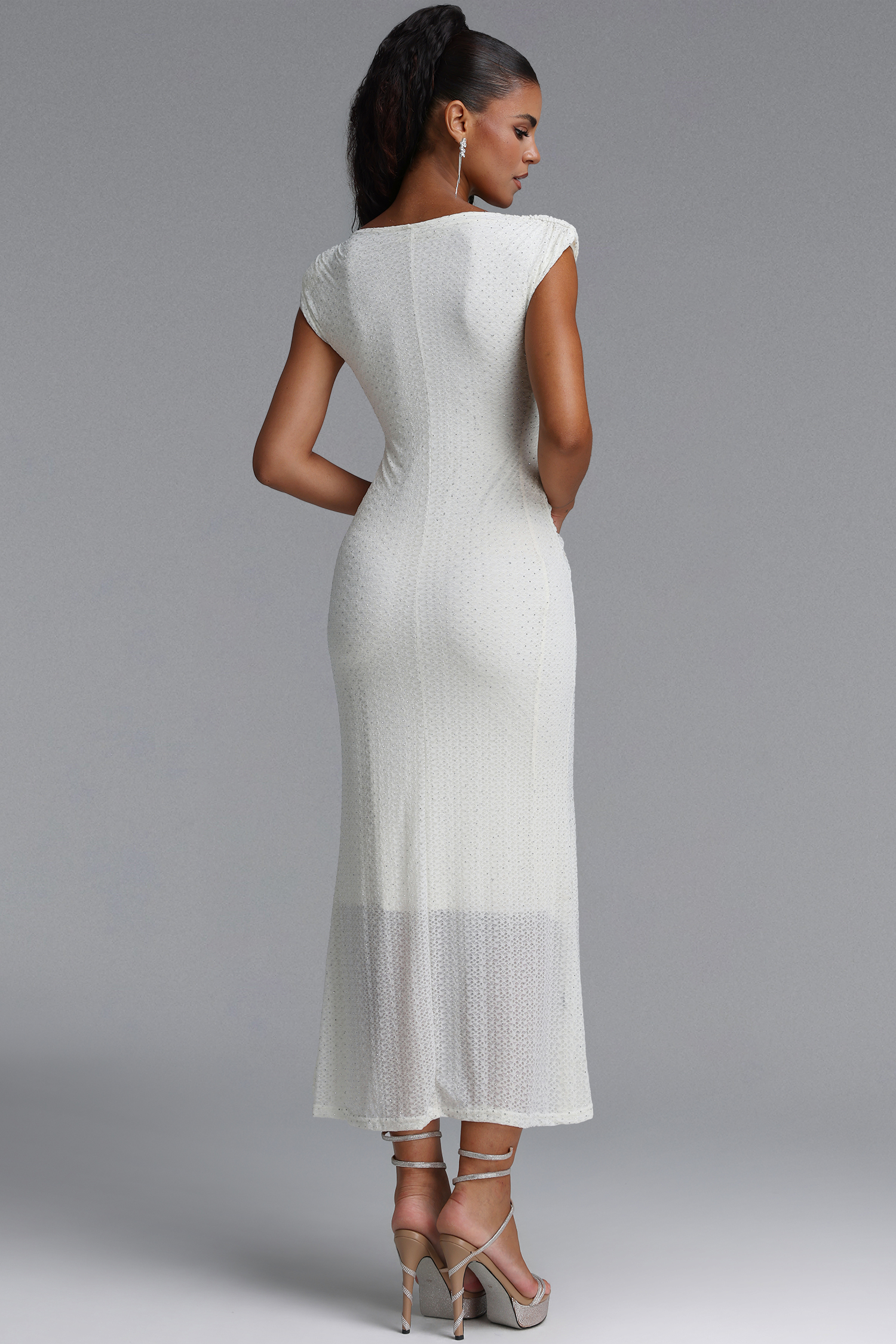Hzere Elegant Contour Sleeveless Pleated Metal Decor Lace Apricot Maxi Dress