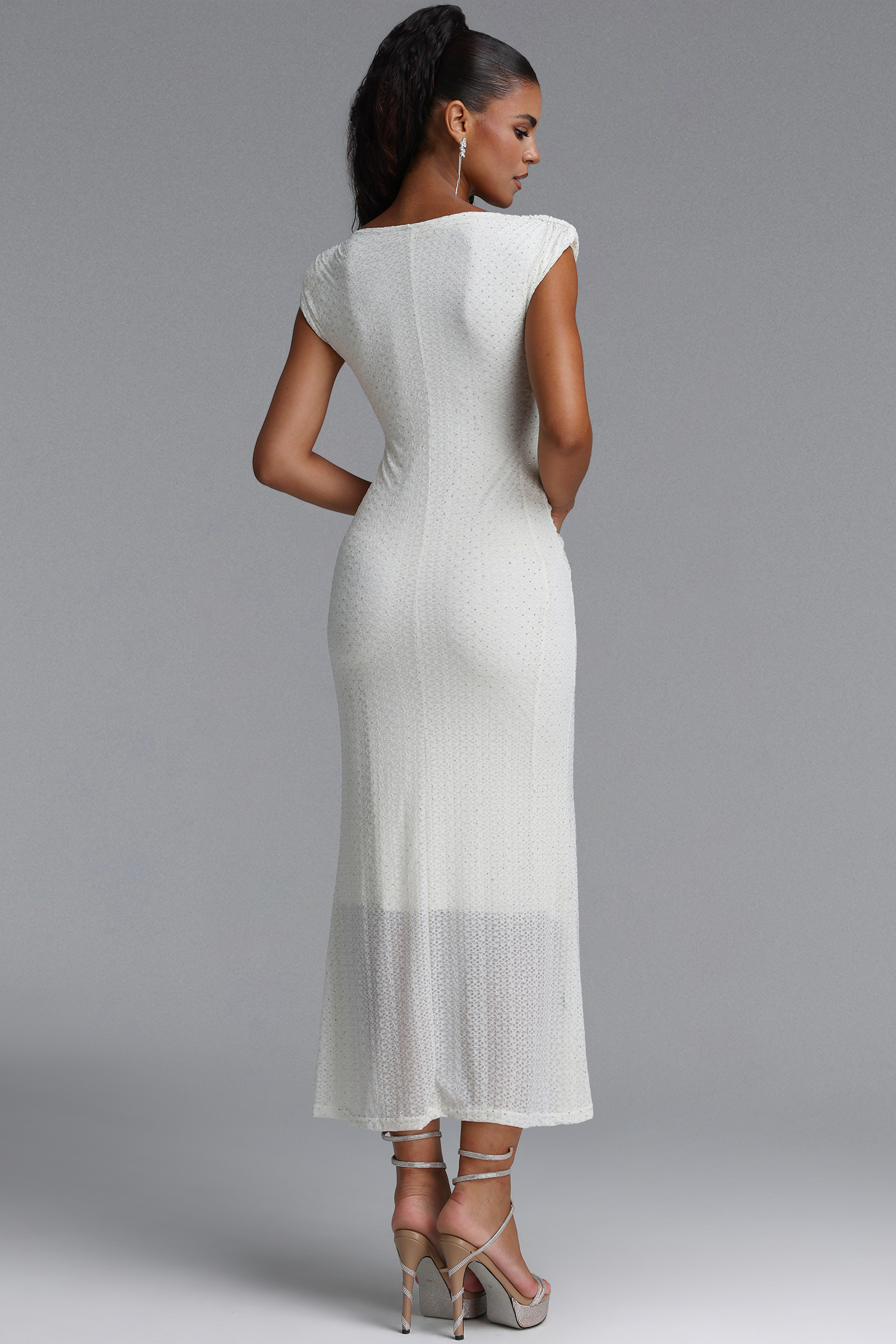 Hzere Elegant Contour Sleeveless Pleated Metal Decor Lace Apricot Maxi Dress