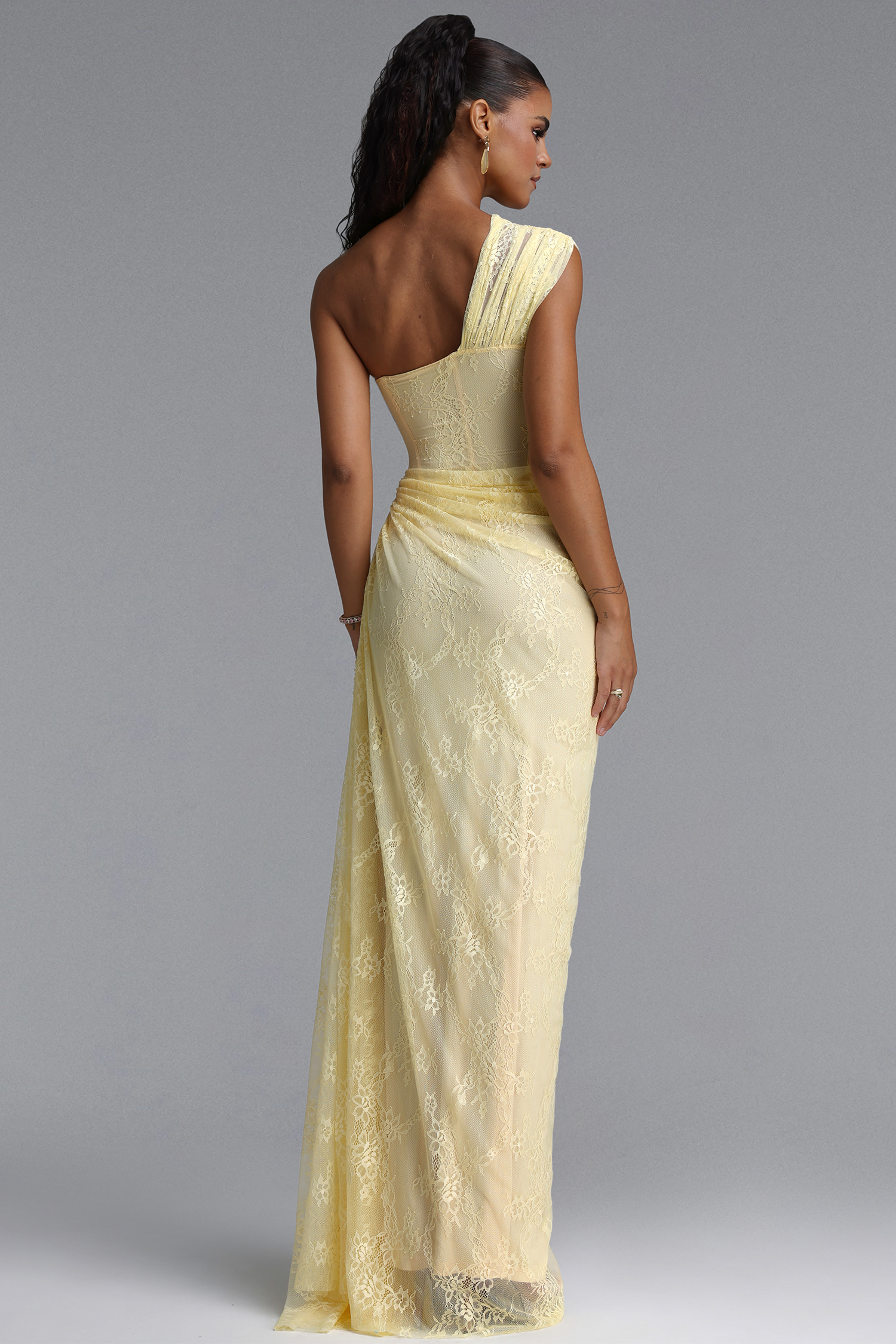 Finch Romantic Contour Sleeveless Ruched Lace Knit Yellow Maxi Dress